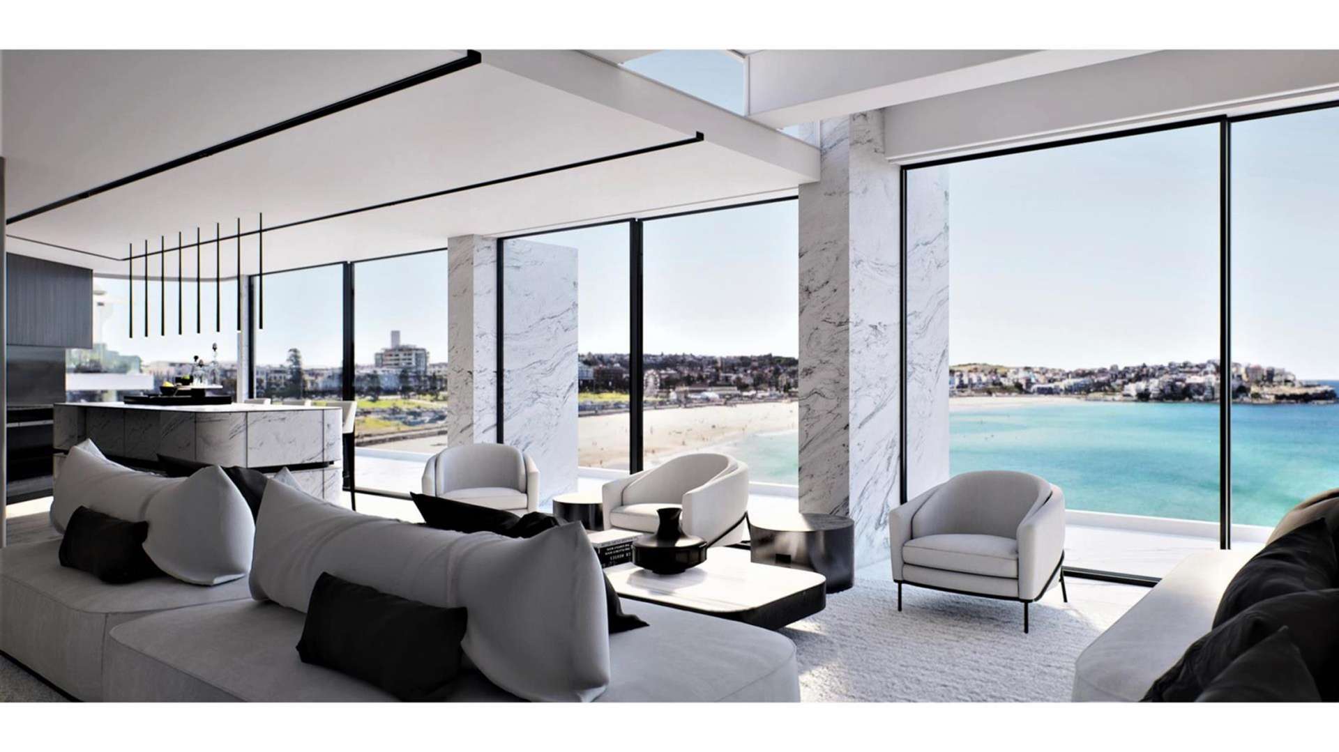 Aerial view of Bondi Beach penthouse location, showcasing stunning coastal scenery and community