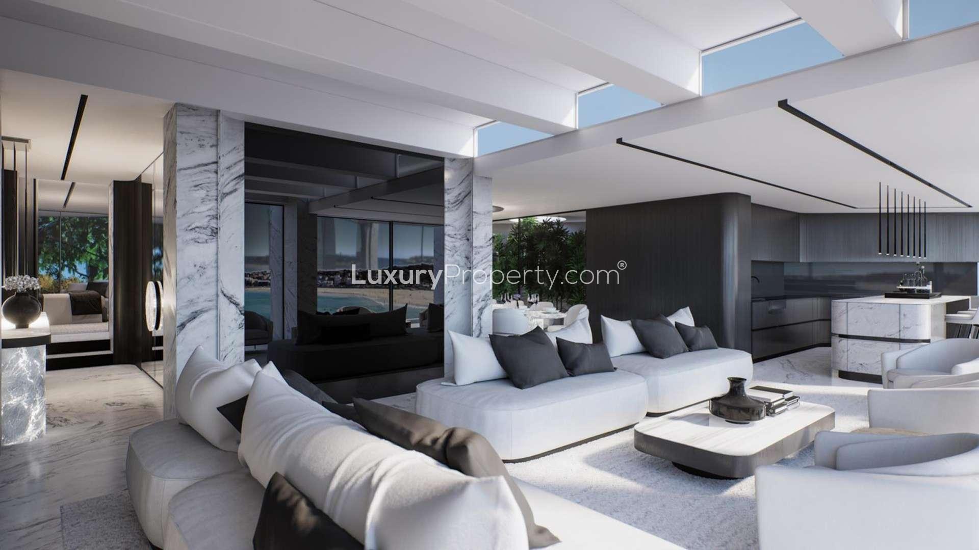 Luxurious Bondi Beach penthouse interior with ocean view, modern design, spacious living area