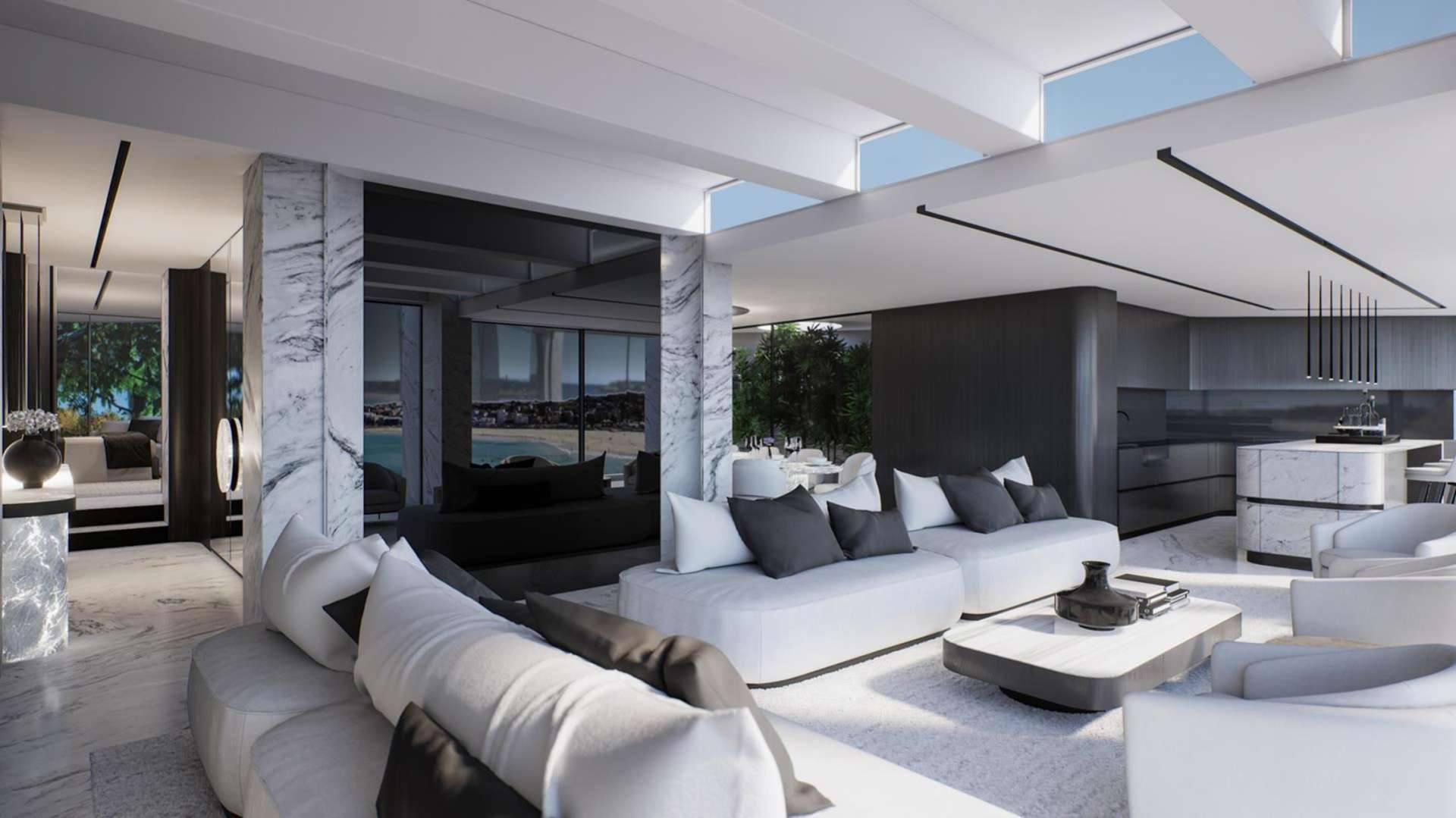 Luxurious Bondi Beach penthouse interior with ocean view, modern design, spacious living area