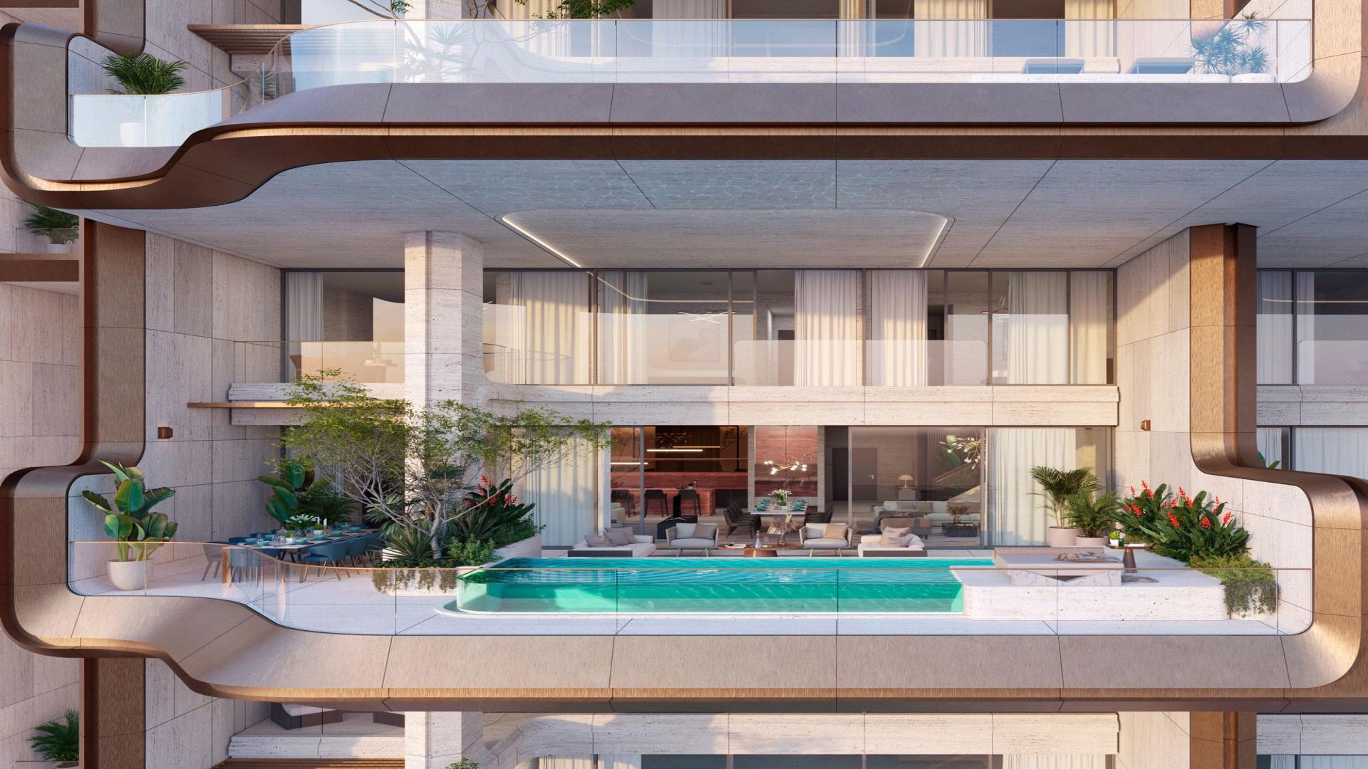Exterior view of luxurious ELA Residences penthouse in Palm Jumeirah, surrounded by lush greenery