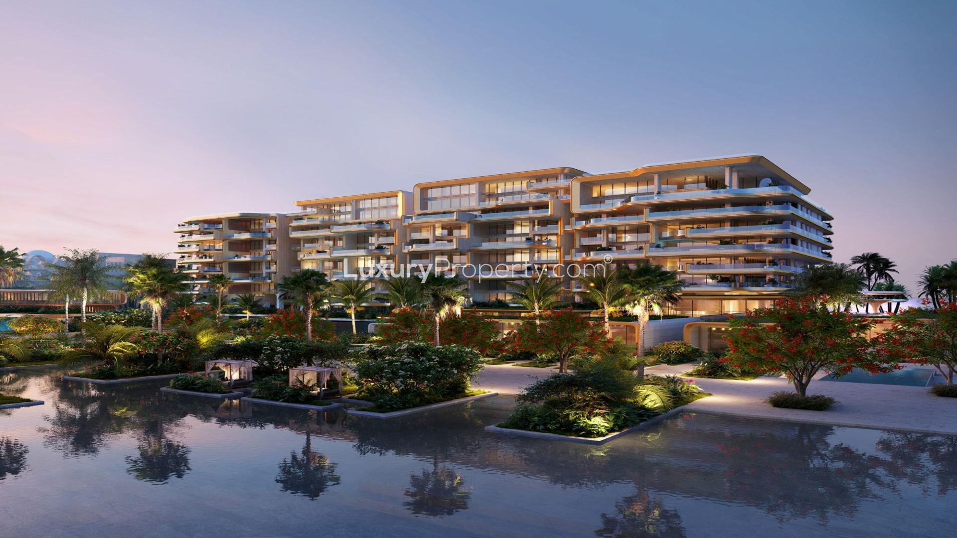 Luxurious penthouse dining area with stunning Palm Jumeirah skyline view at sunset