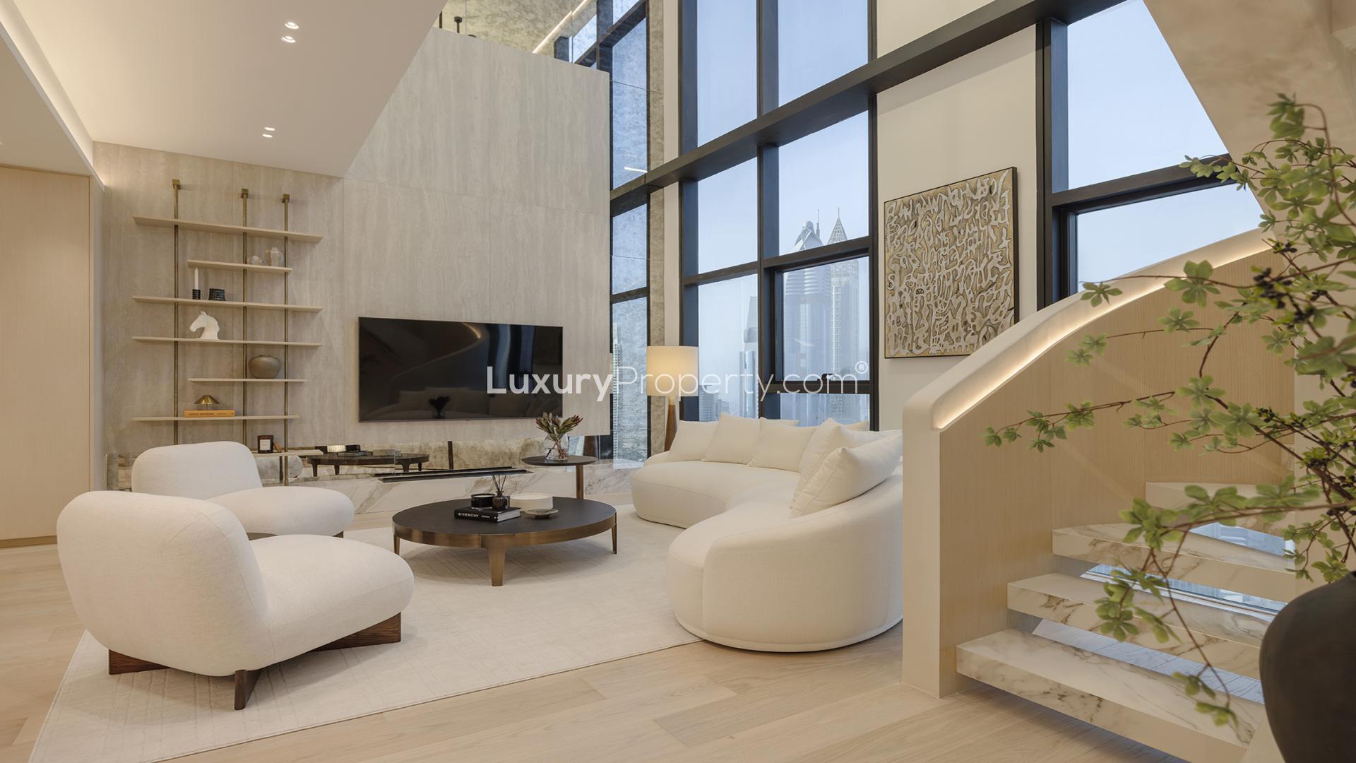 Stylish furnished duplex penthouse interior with skyline view in DIFC Central Park Tower