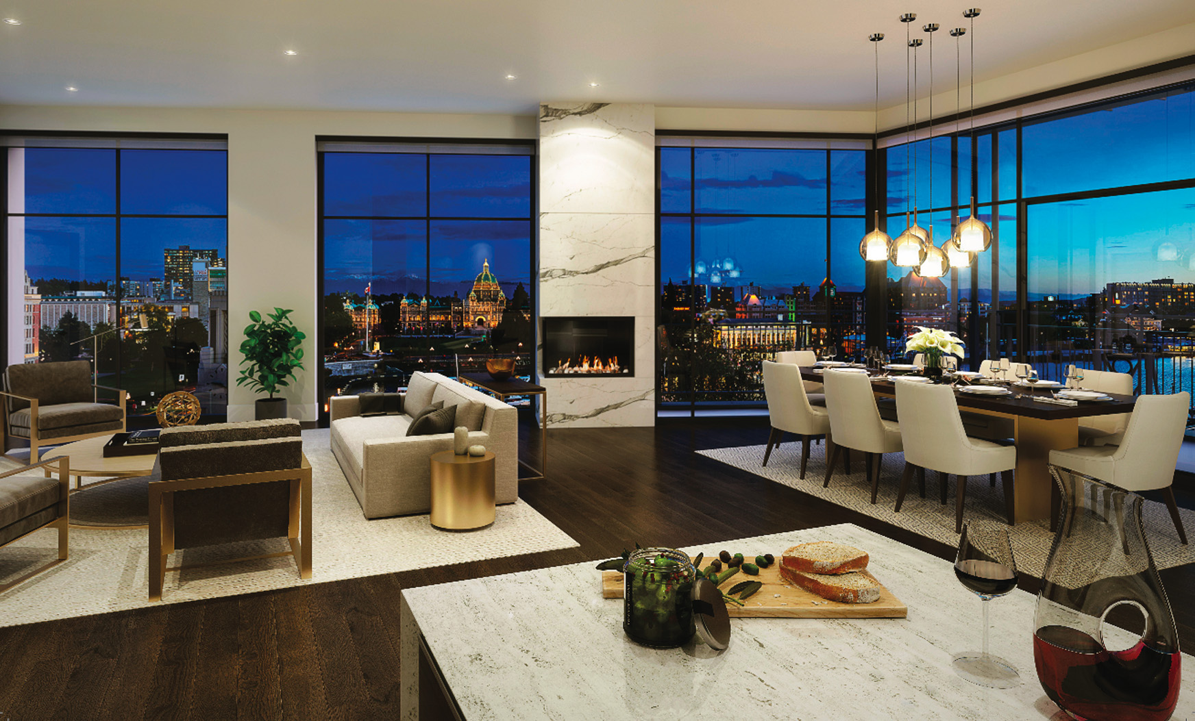 Luxurious 3-bedroom penthouse exterior in Victoria's Customs House, British Columbia at sunset