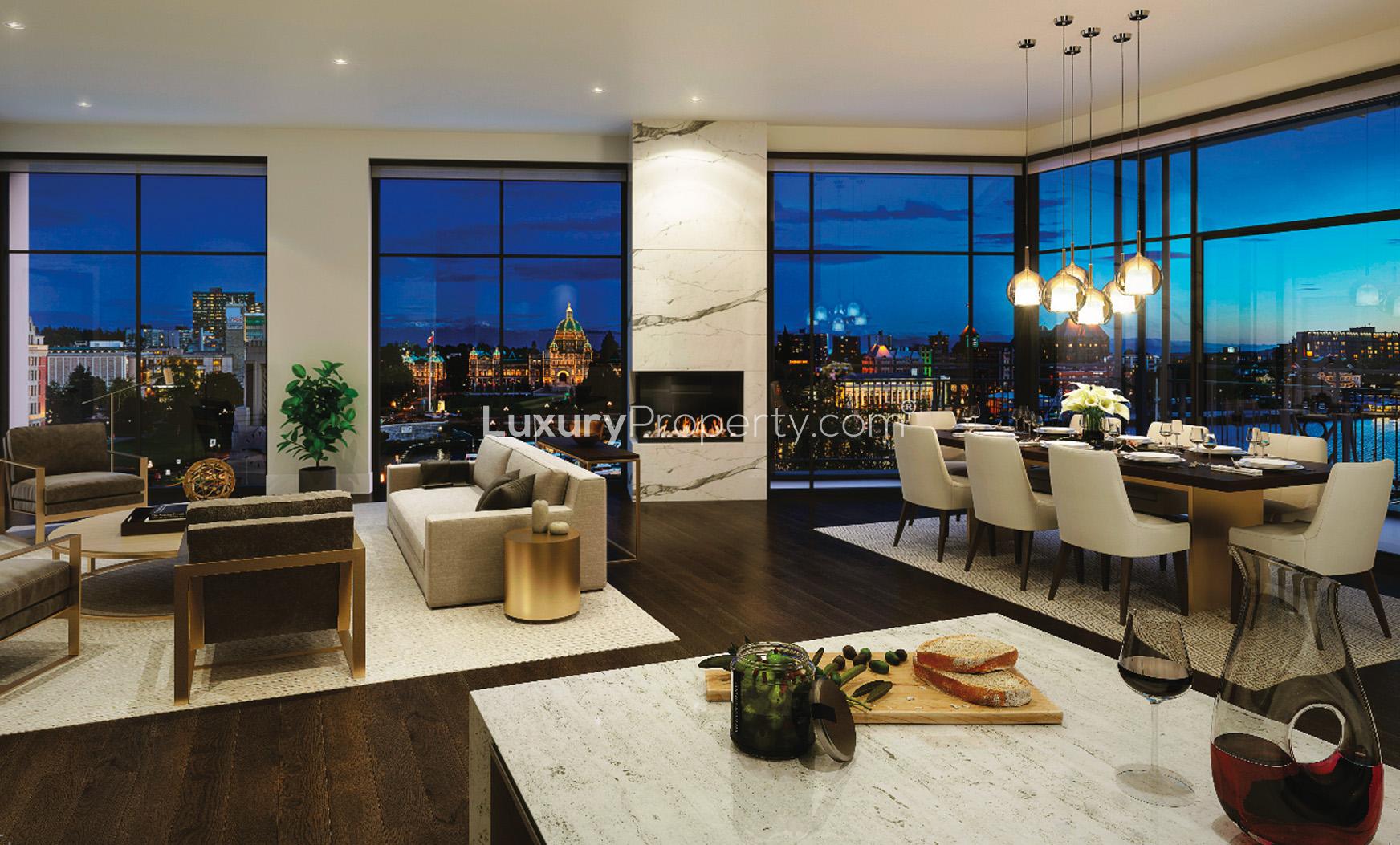Majestic three-bedroom penthouse in Customs House, Victoria, British Columbia, at sunset
