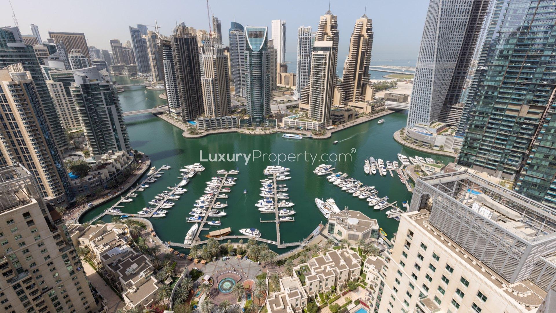 Luxurious Emaar 6 penthouse living room with city views, Dubai Marina
