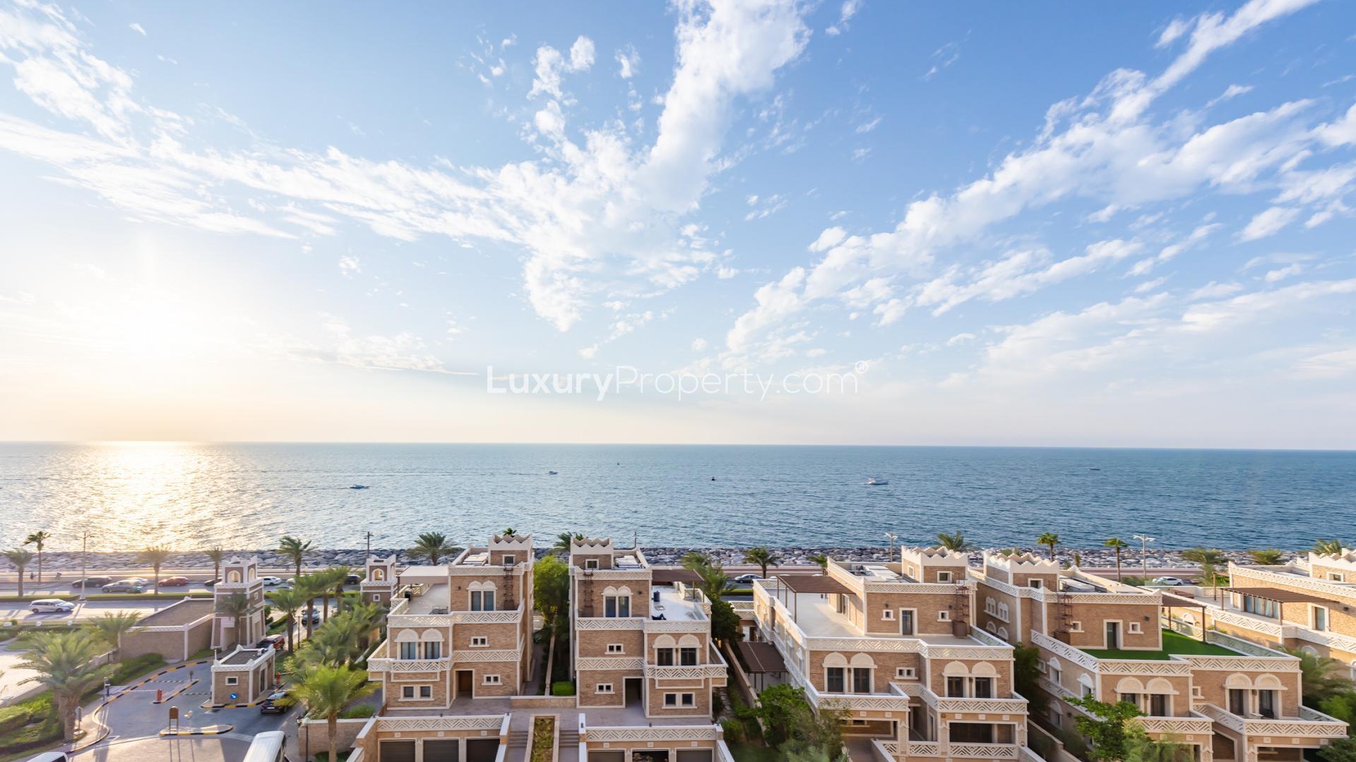 "Full sea view from private pool on Palm Jumeirah penthouse terrace, Kingdom of Sheba.",Full sea view from Kingdom of Sheba penthouse, Palm Jumeirah, Dubai real estate