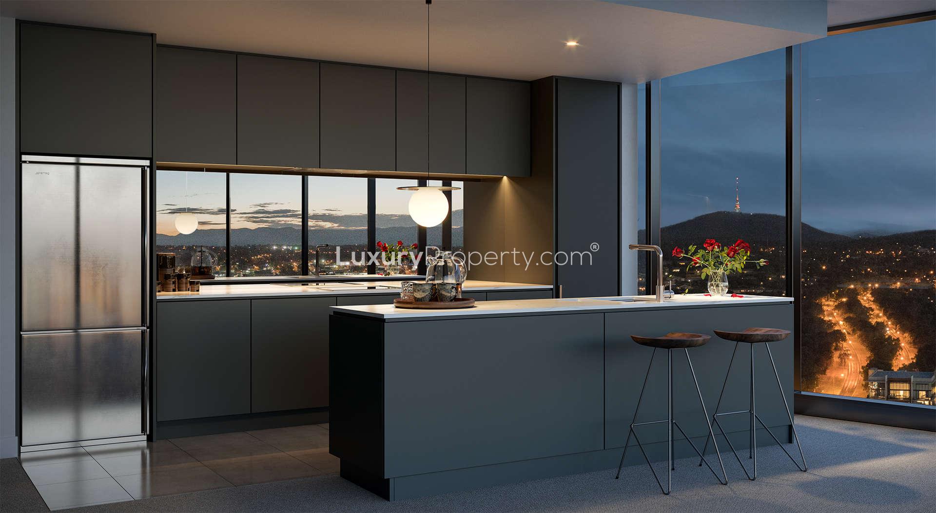 Modern kitchen in luxury Canberra penthouse with city view, High Society, Belconnen