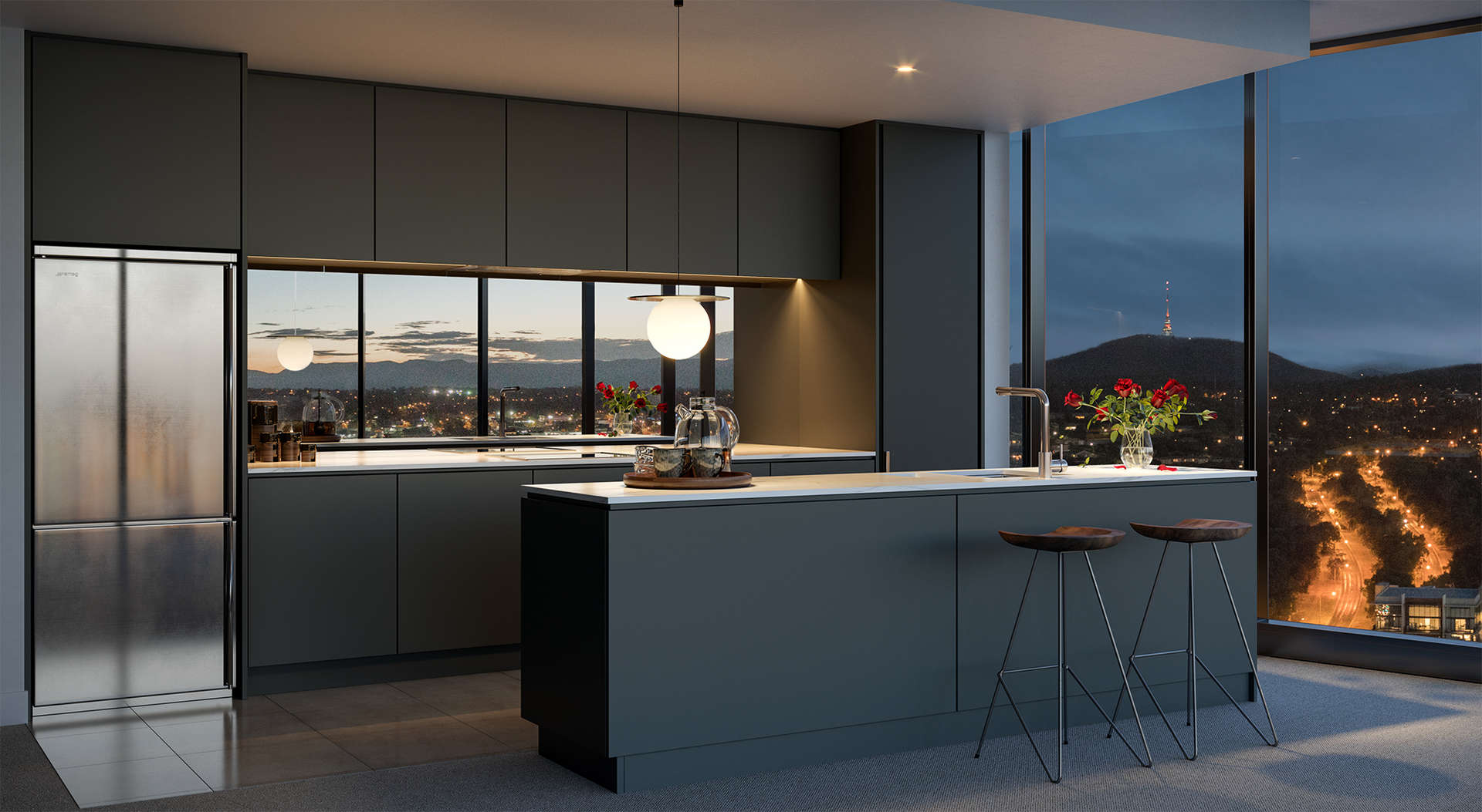 Modern kitchen in luxury Canberra penthouse with city view, High Society, Belconnen