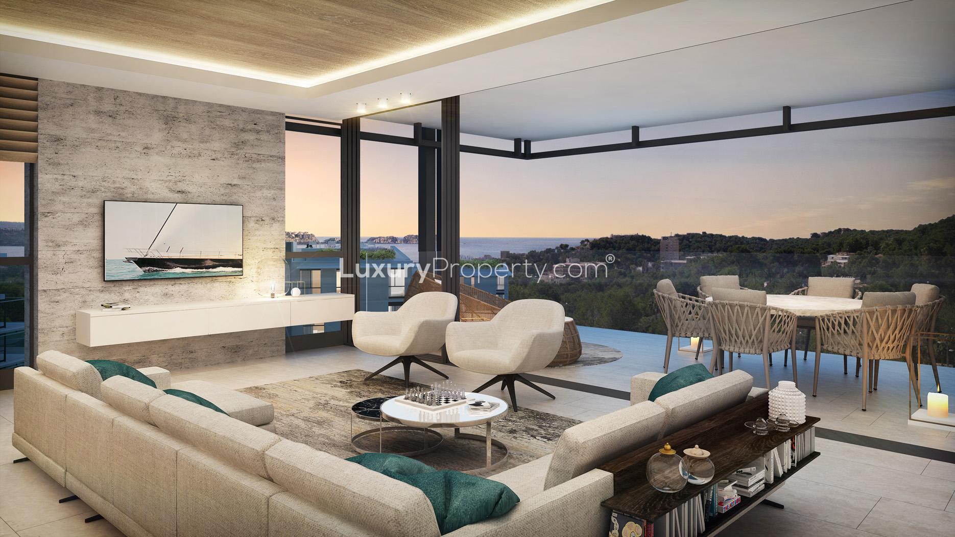 Luxury penthouse living room with sea view, modern decor, Sa Puntassa Island, Mallorca