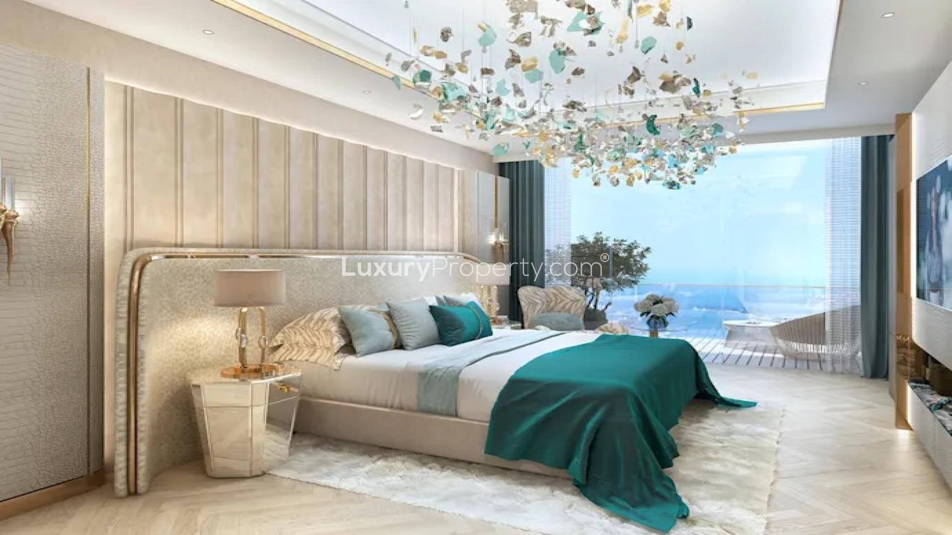 Luxurious bedroom with waterfront view in Dubai Harbour penthouse, featuring elegant decor