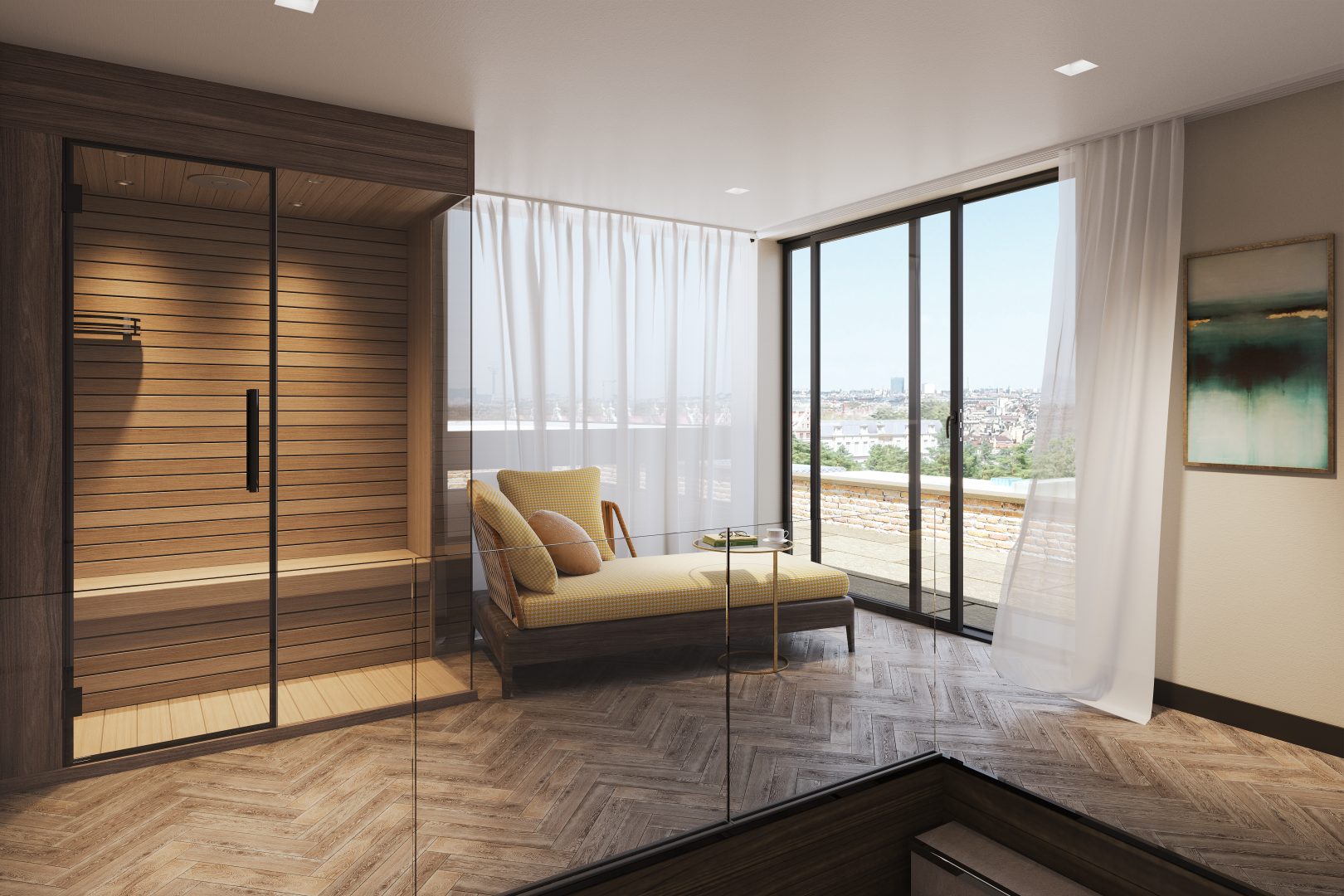 Luxurious bedroom in Marylebone penthouse, featuring elegant decor and natural light