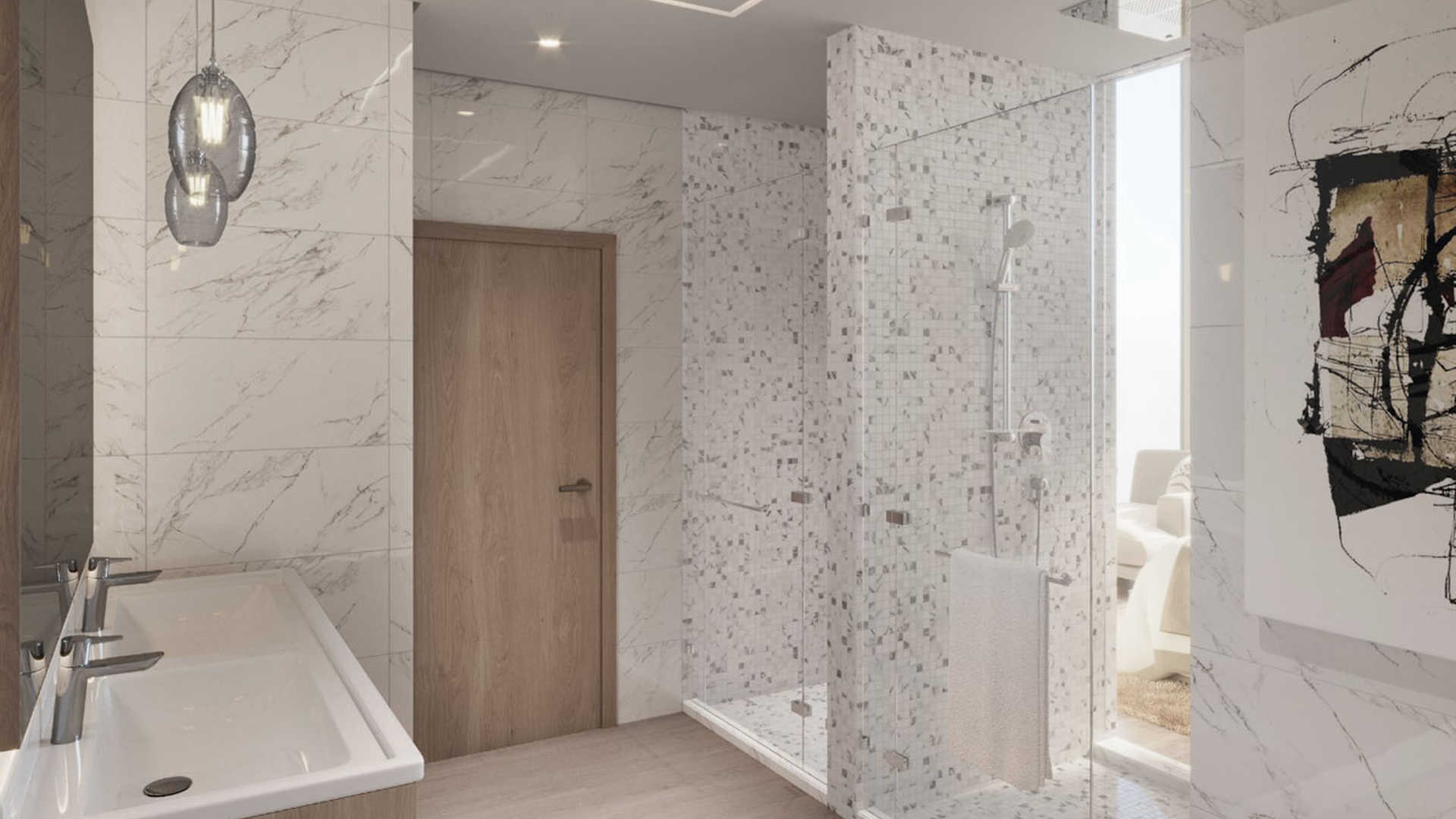 Luxurious Dubai Marina penthouse living room with city skyline views at sunset