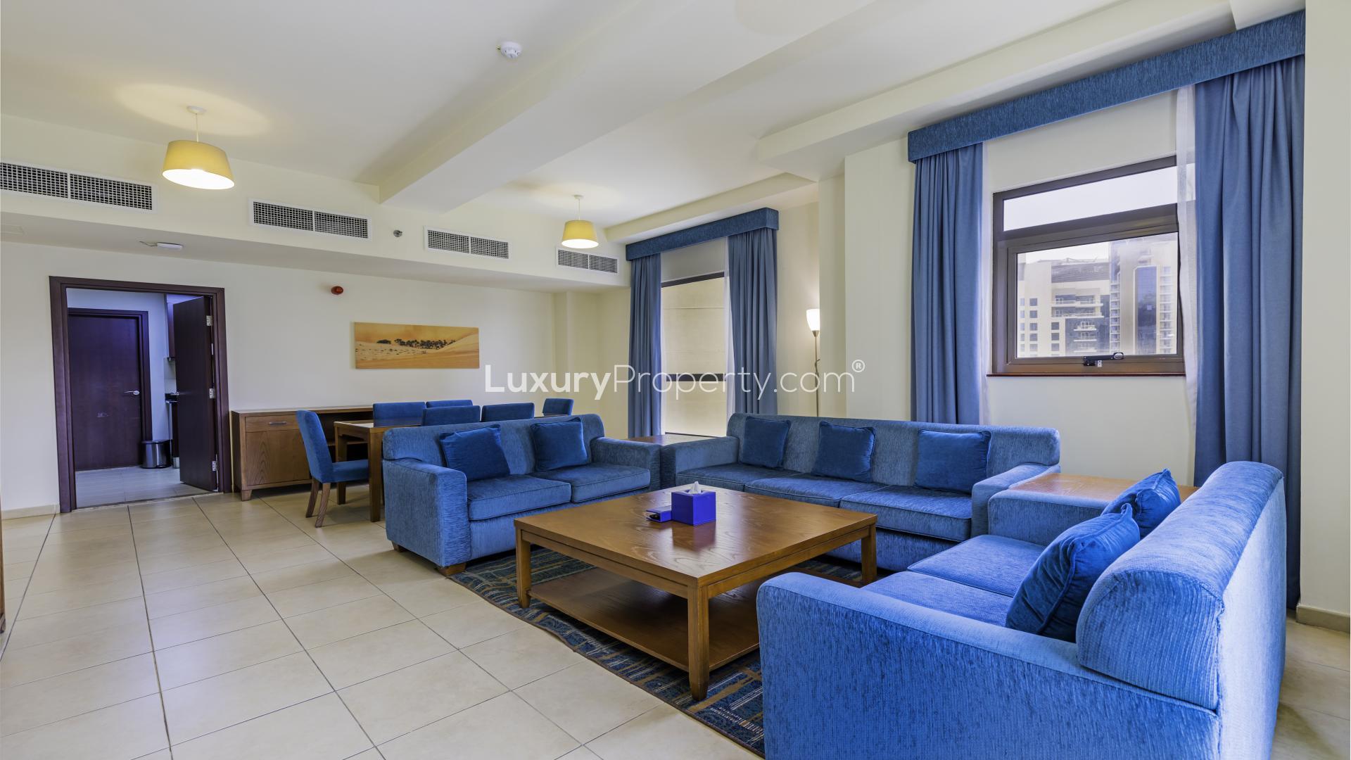 Balcony view of marina from serviced apartment in Amwaj, Jumeirah Beach Residence