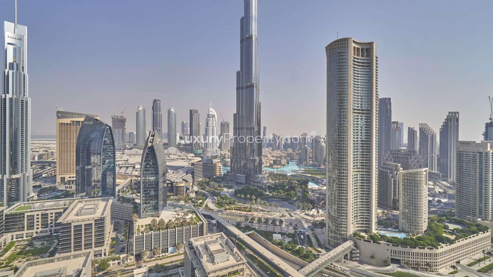 Luxurious living room in Downtown Dubai apartment with Burj Khalifa view, modern decor