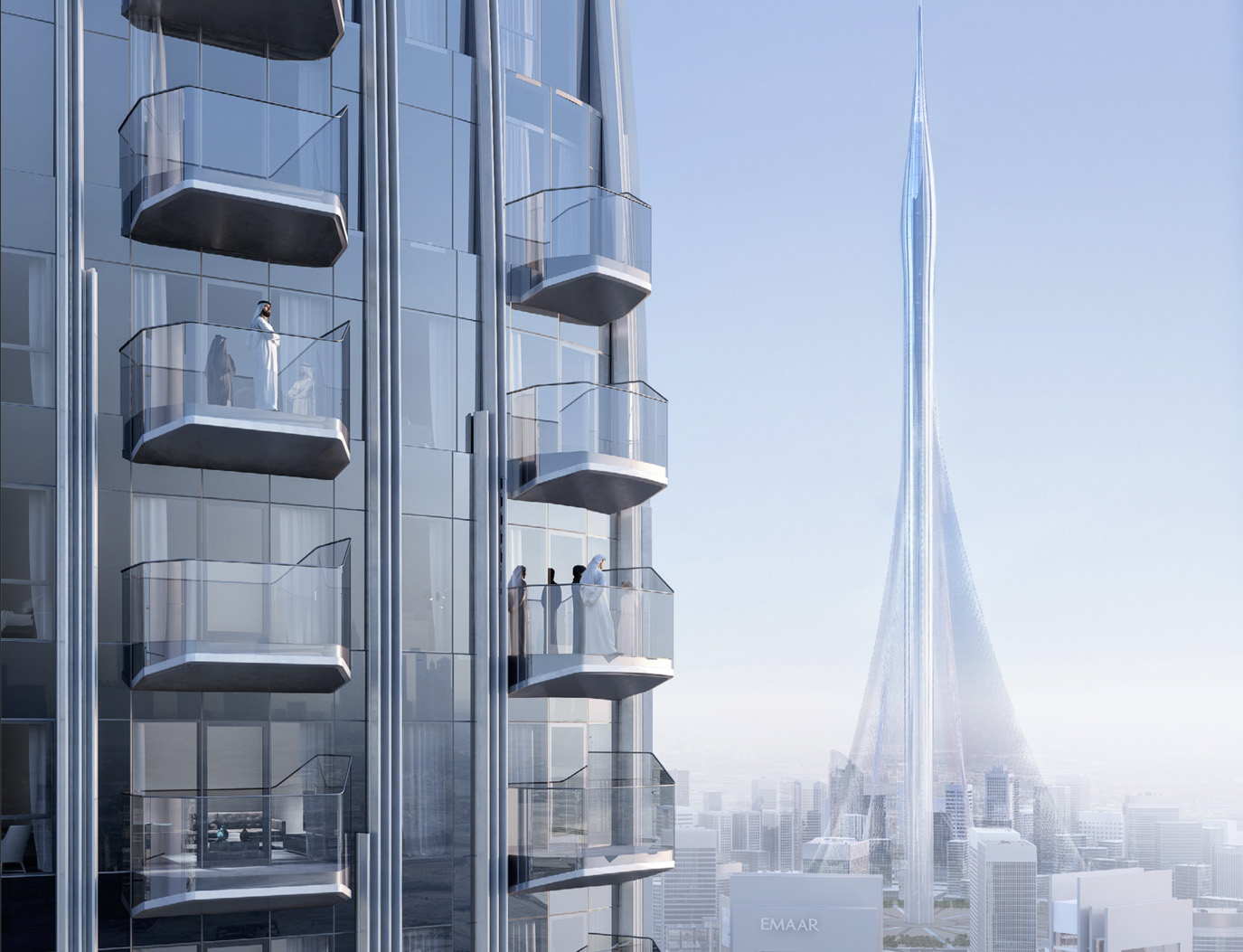 Luxury bedroom with city skyline view in Dubai Creek Harbour serviced apartment