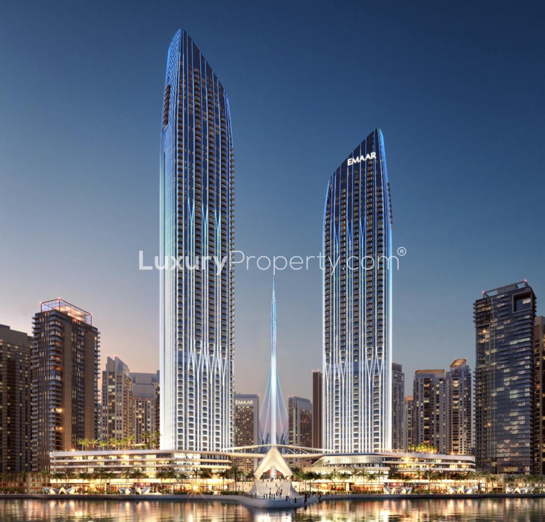 Luxury bedroom with balcony view in serviced apartment, Address Harbour Point, Dubai Creek Harbour