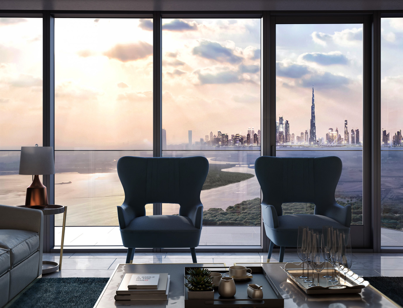 Luxury serviced apartment balconies at Address Harbour Point, Dubai Creek Harbour with skyline view