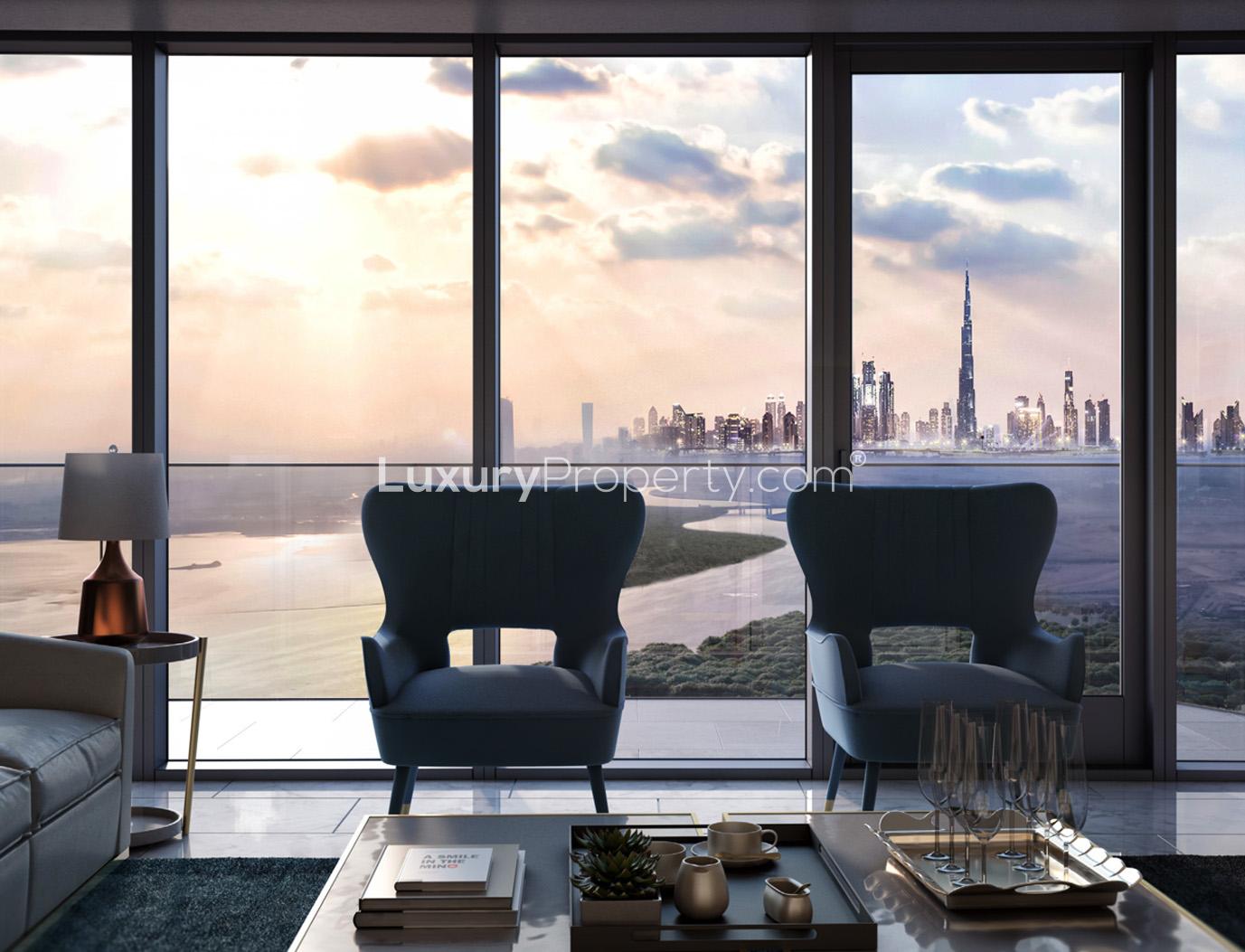 Four-bedroom serviced apartment balconies with cityscape view at Address Harbour Point, Dubai Creek Harbour