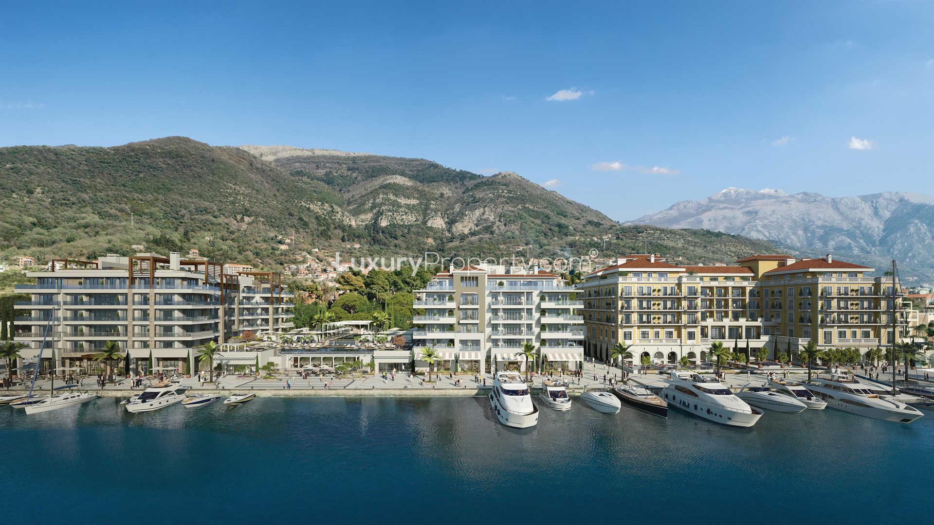 Elegant Porto Montenegro apartment with sea views, yachts, and mountains in Regent Pool Club Residences