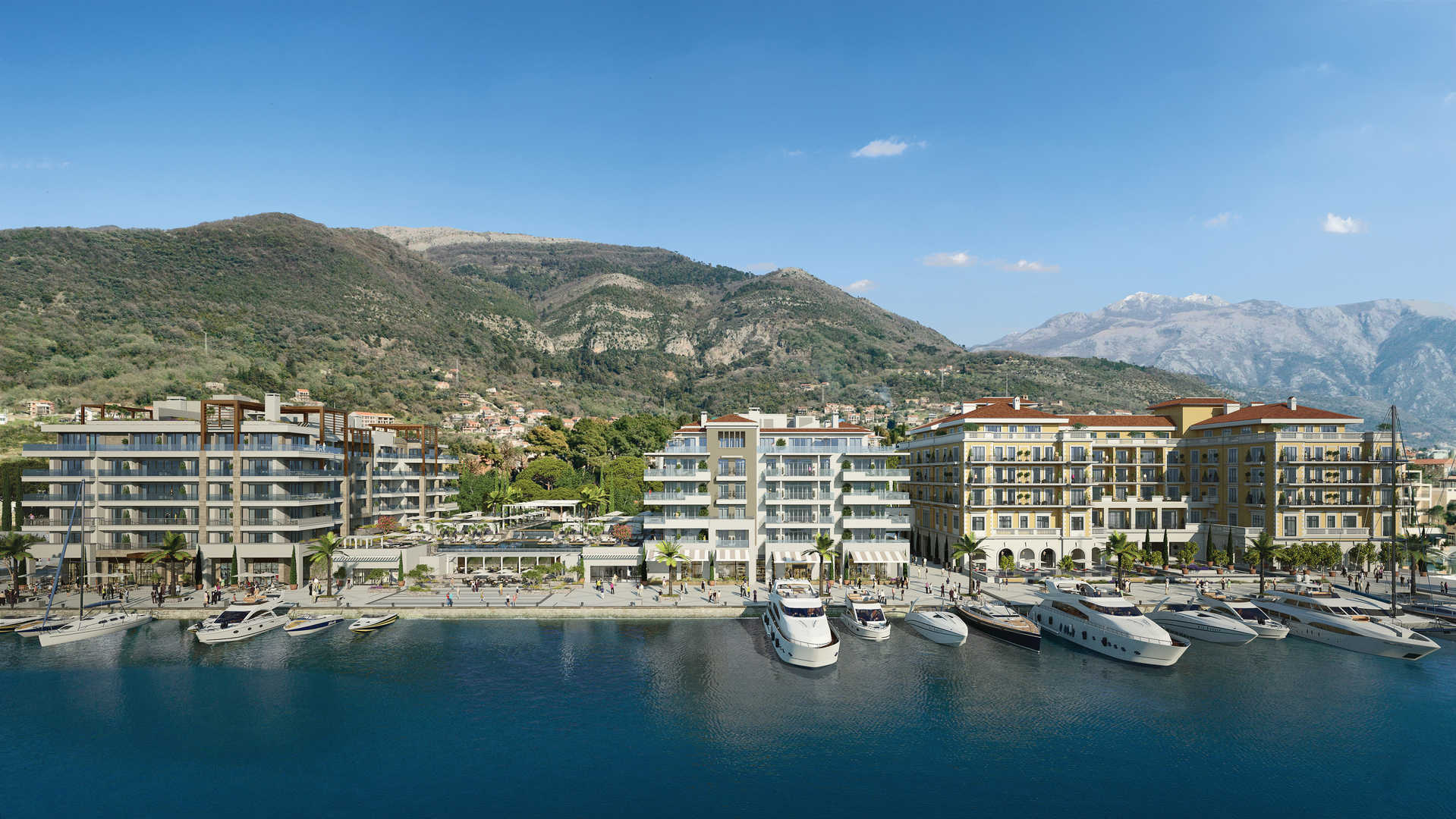 Elegant Porto Montenegro apartment with sea views, yachts, and mountains in Regent Pool Club Residences