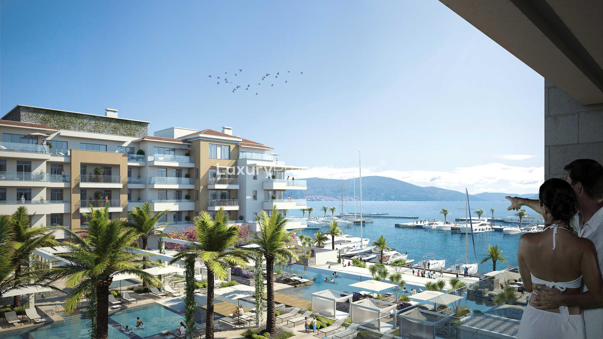 Elegant Porto Montenegro apartment with sea views, pool, and marina at Regent Pool Club