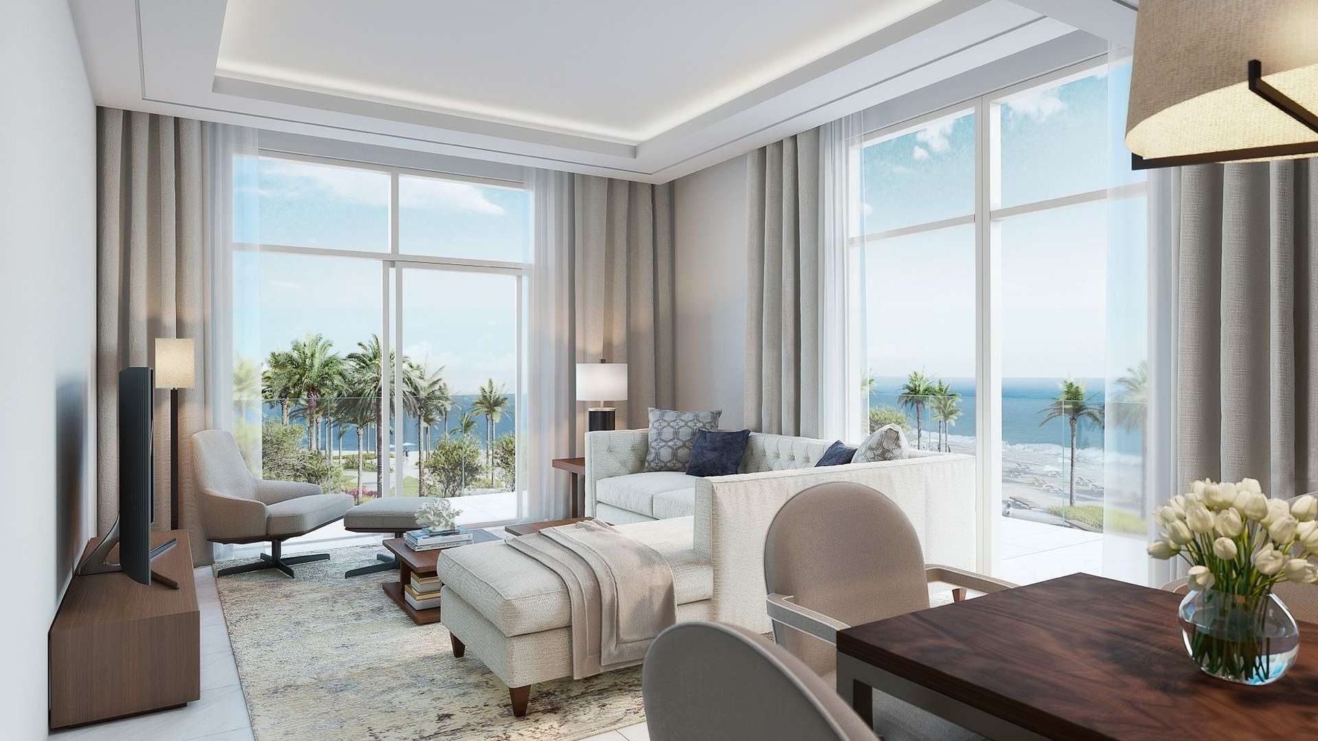 Luxurious living room with ocean view at The Address Fujairah, serviced residence for sale