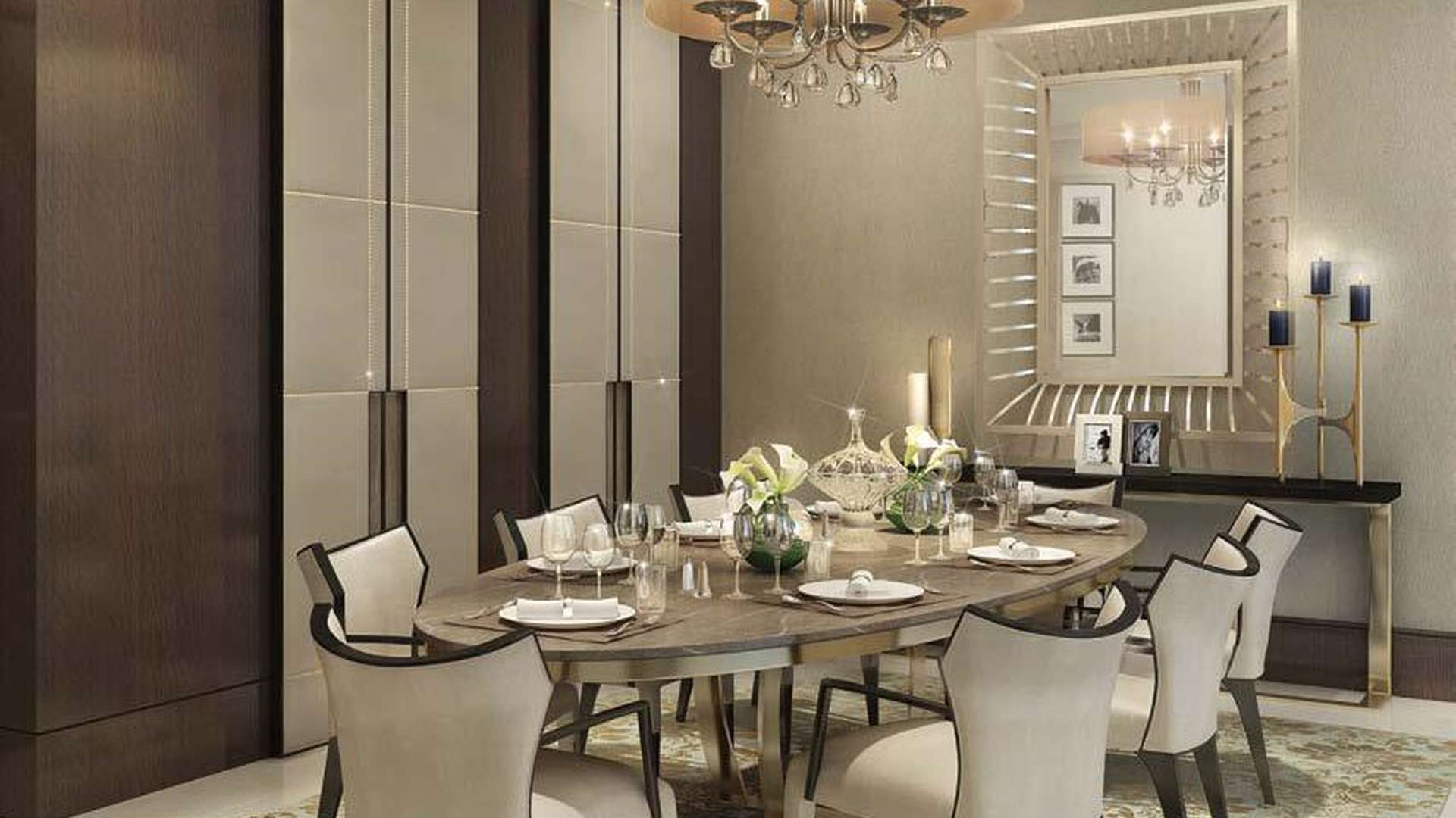 Luxurious waterfront view of The Address Residences Fountain Views at sunset, Downtown Dubai