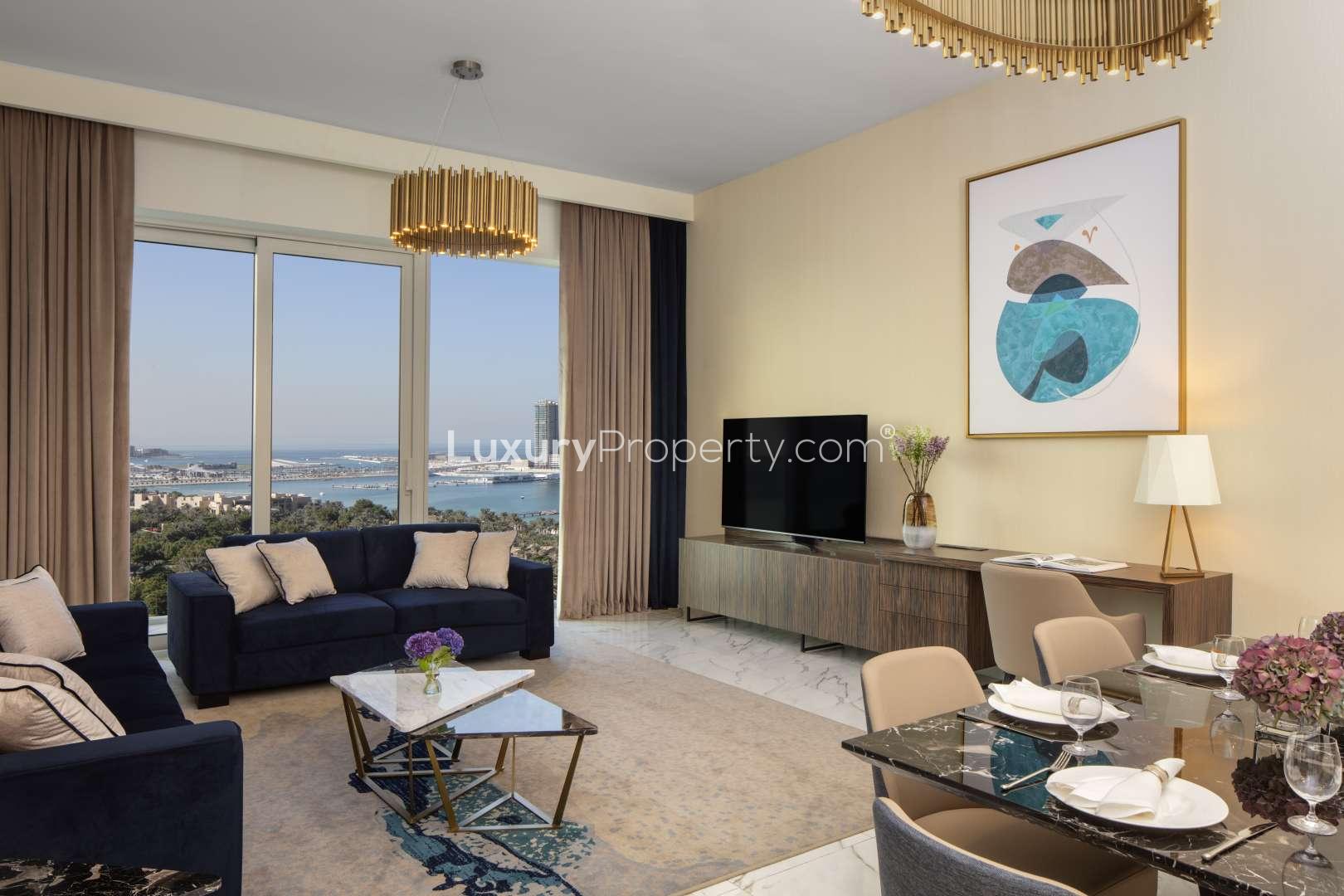 Luxurious bedroom with panoramic Dubai views at Avani Palm Views serviced apartment