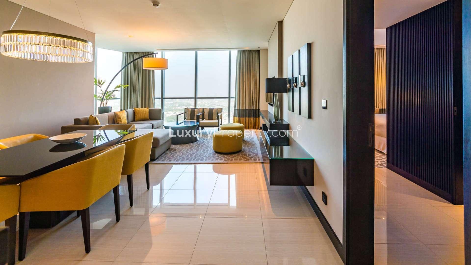 Modern living room in three-bedroom apartment, Sheraton Grand Hotel, Sheikh Zayed Road, DIFC