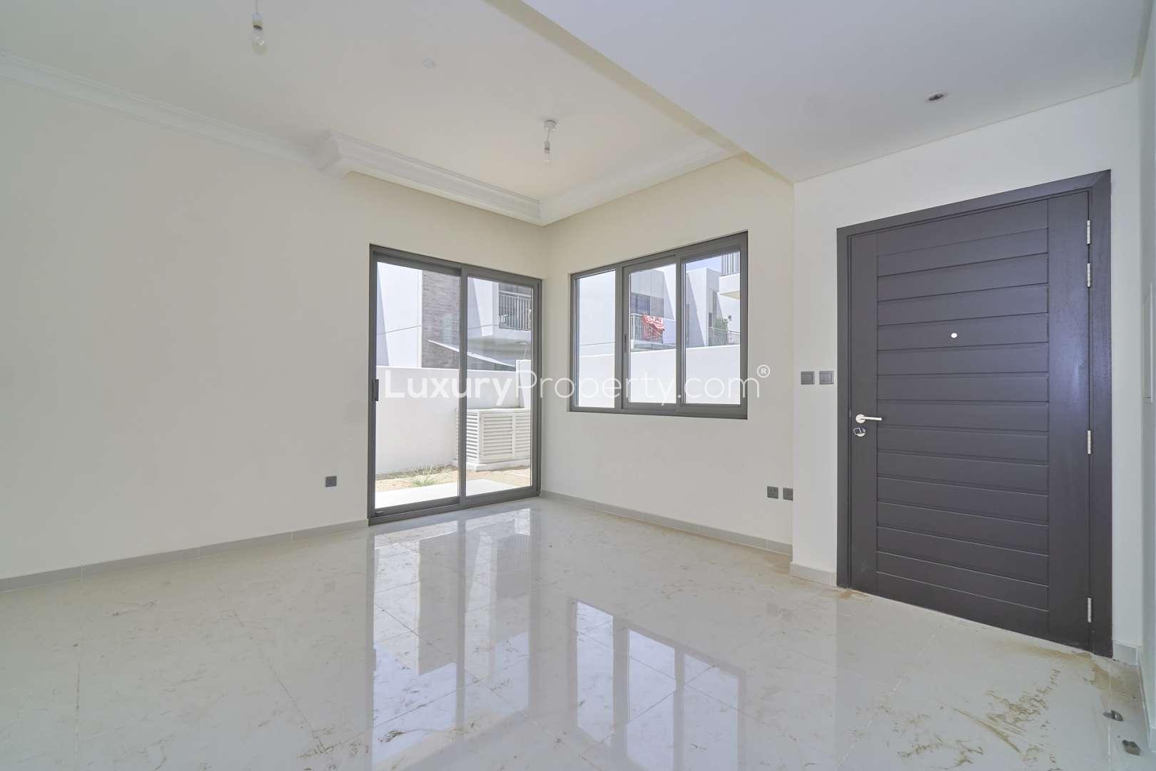 3-bedroom corner townhouse exterior in Damac Hills 2, Aster sub-community, for rent