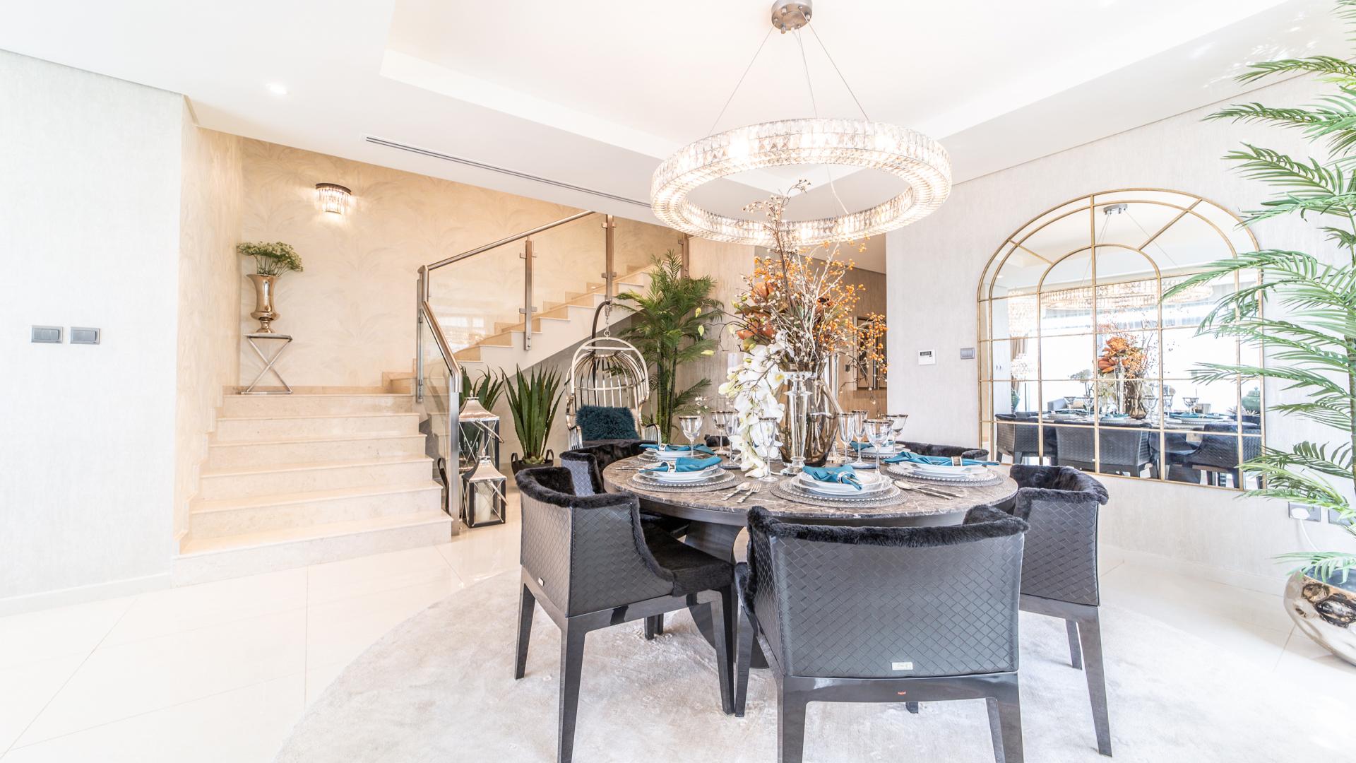 Luxurious dining area in three-bedroom townhouse, Brookfield, Damac Hills, available for rent