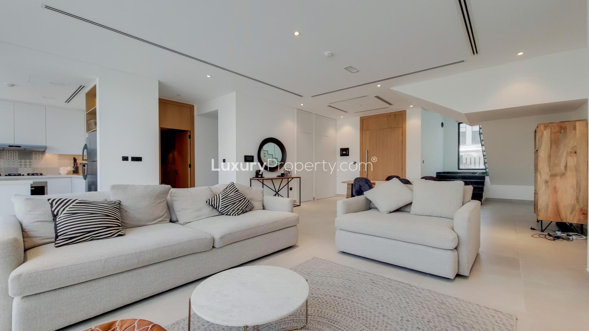 Outdoor patio with private pool in Jumeirah Golf Estates townhouse for rent