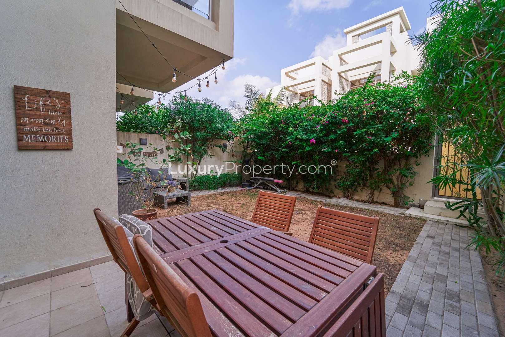 Spacious living room in 3-bedroom townhouse, Polo Townhouses, Meydan, Dubai for rent