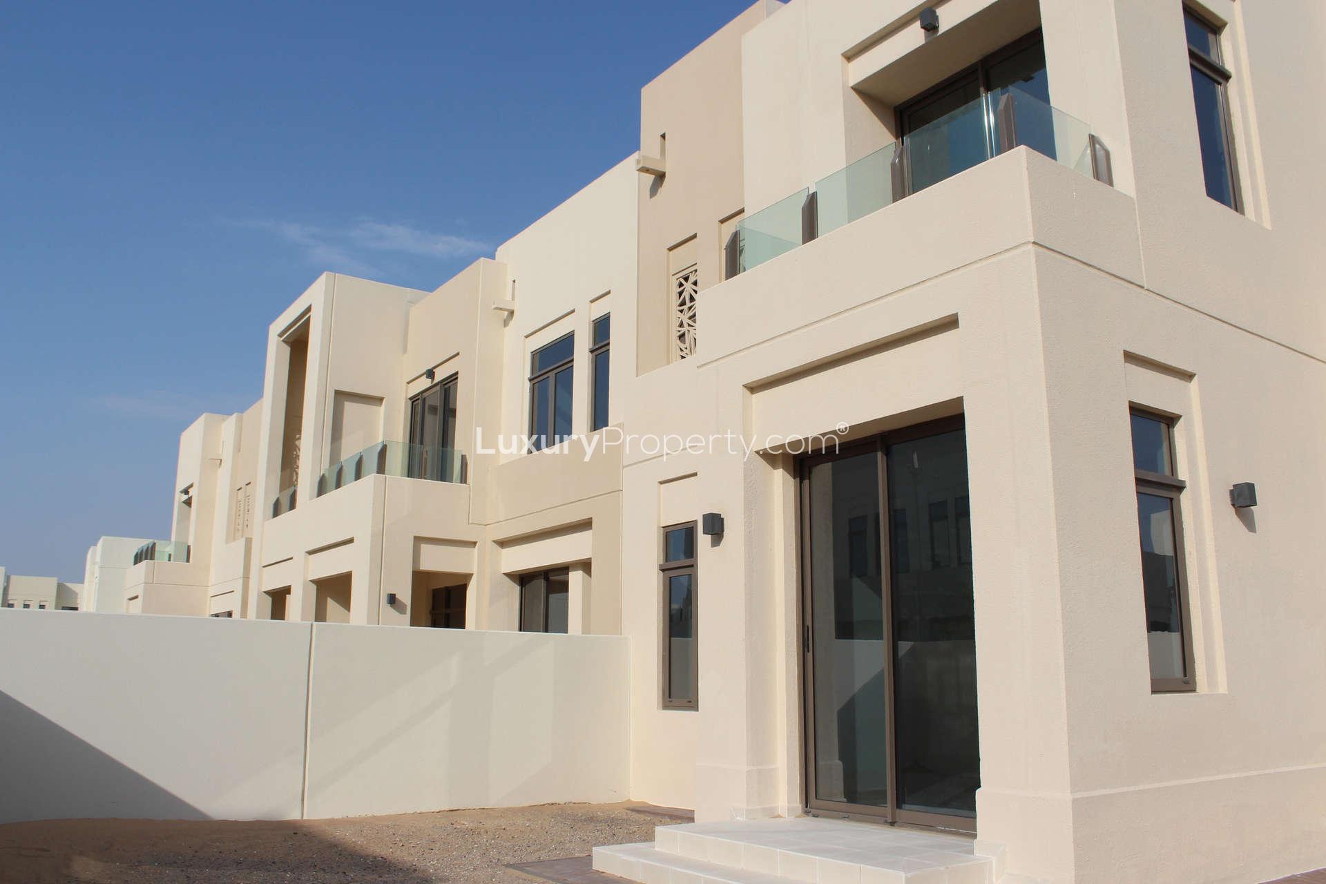 Elegant bathroom with dual sinks in Mira Oasis 3 townhouse, Reem community