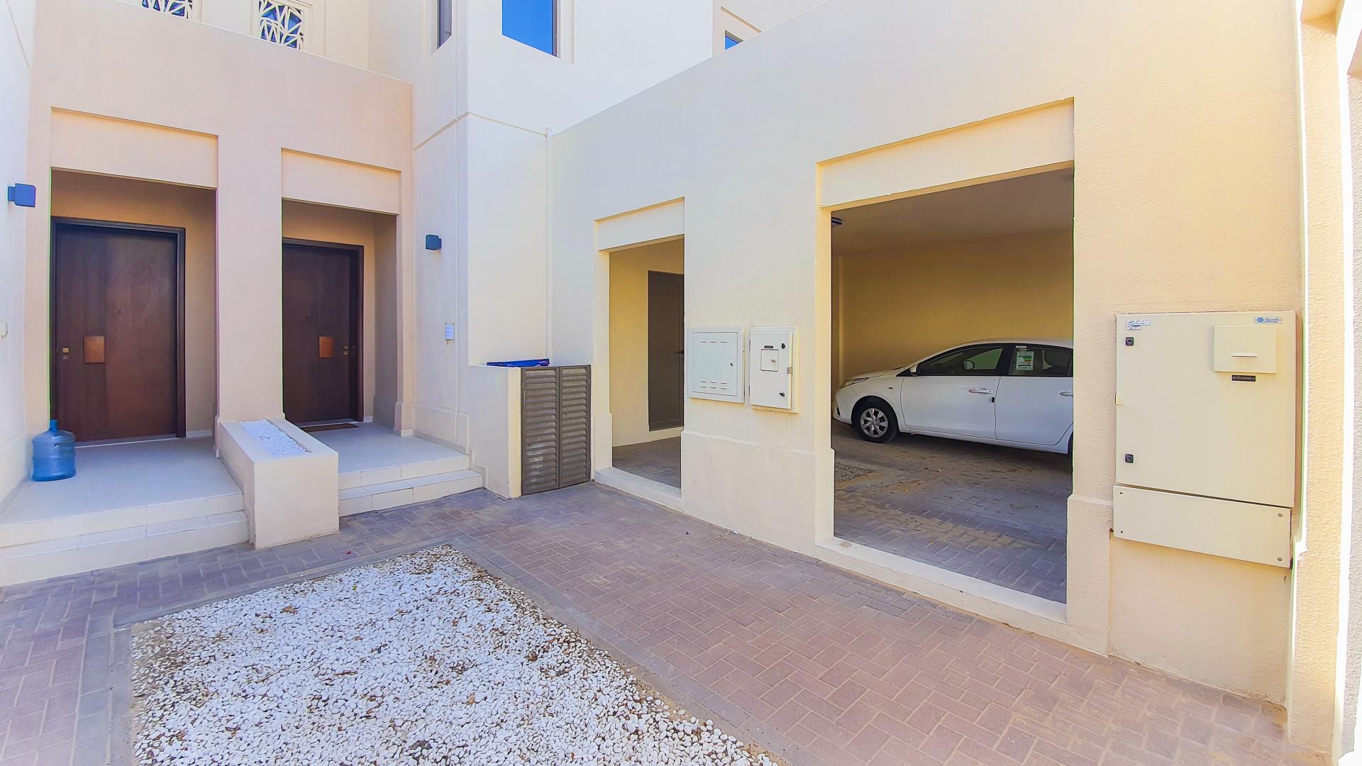 Street view of modern townhouses in Mira Oasis, Reem Community, available for rent
