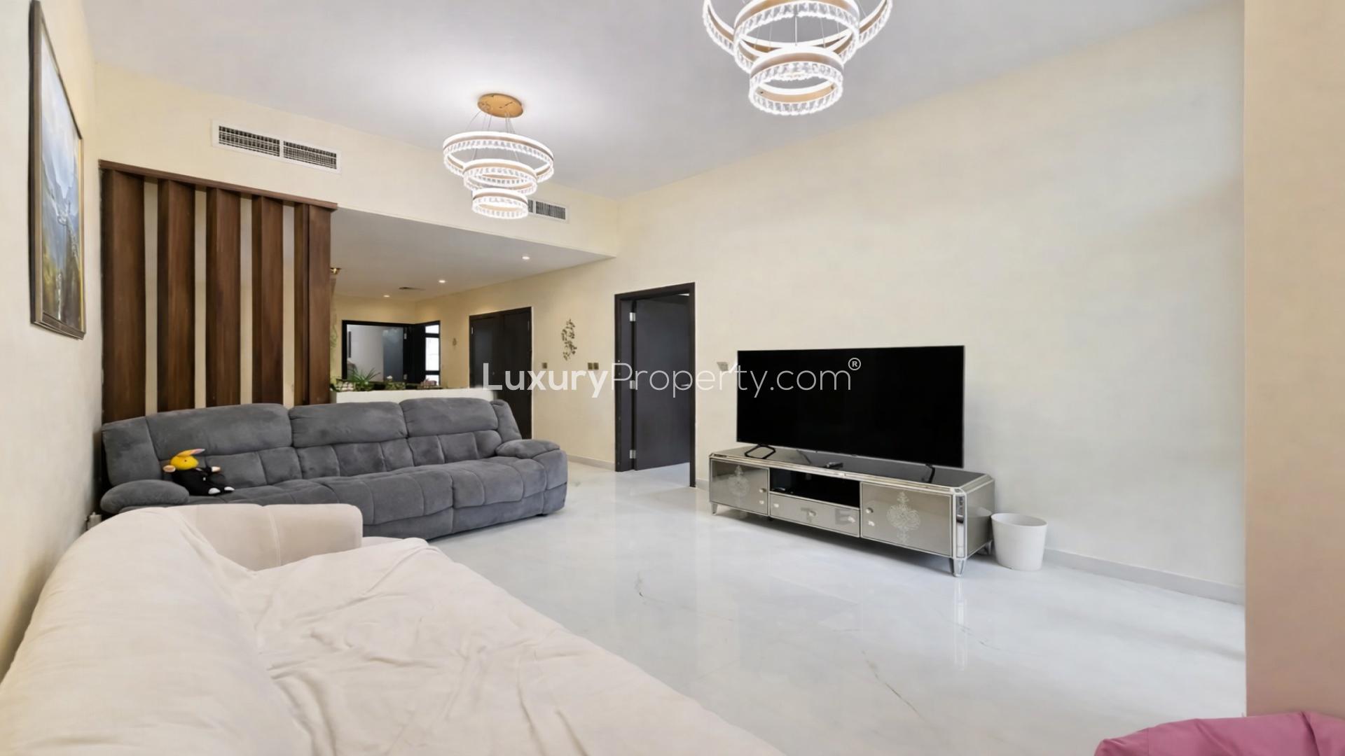 Luxurious living room in upgraded townhouse, Damac Hills, Queens Meadow, opposite pool and park