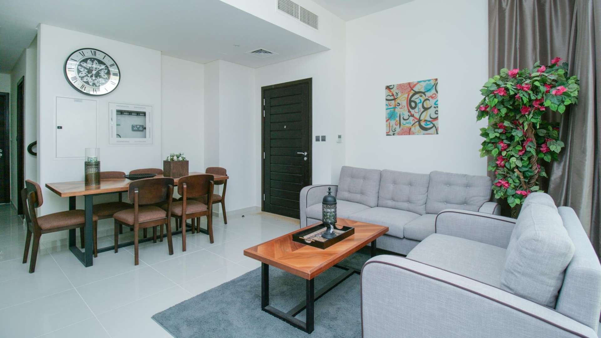 Modern living room in fully furnished 3-bedroom townhouse, Pacifica, Damac Hills 2, for rent