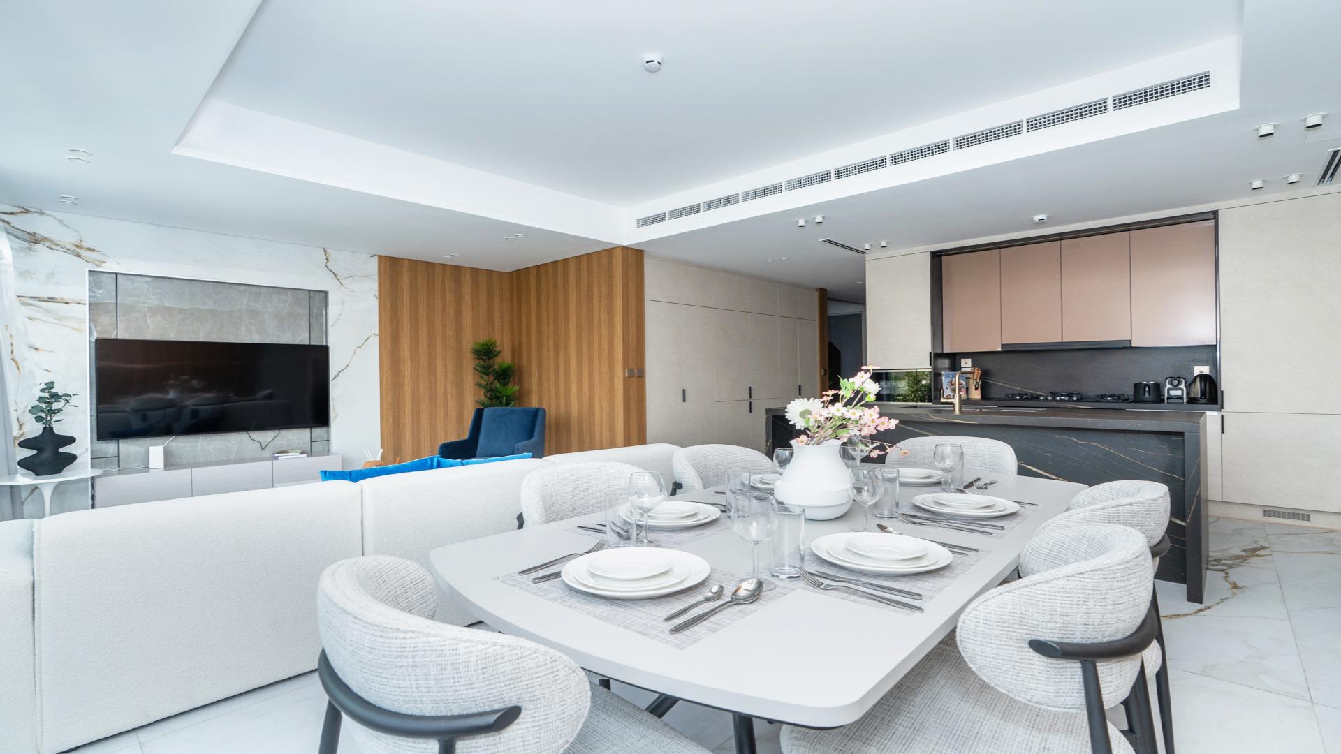 Modern living room in fully furnished Jasmine Lane townhouse, Jumeirah Golf Estates, for rent