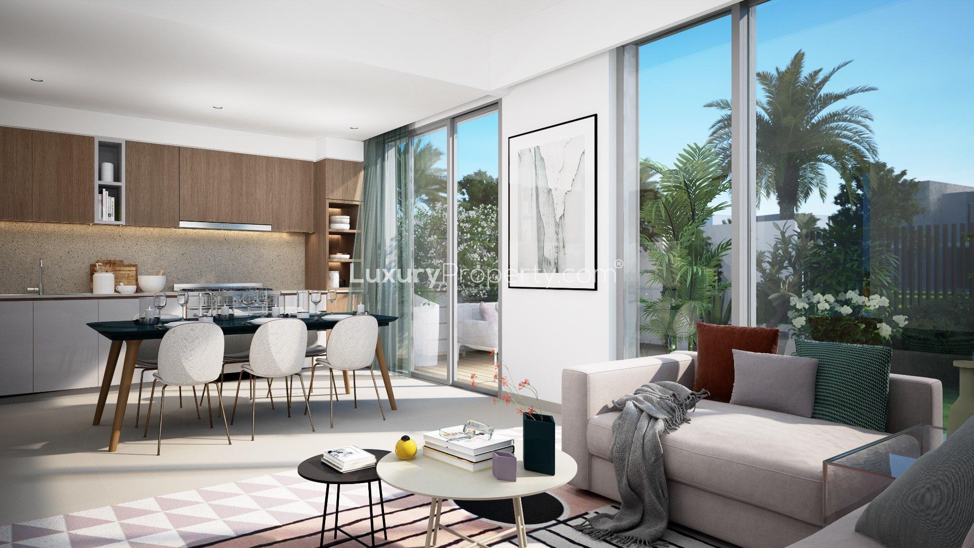 Modern three-bedroom townhouse exterior in Arabian Ranches 3, Joy community, available for sale