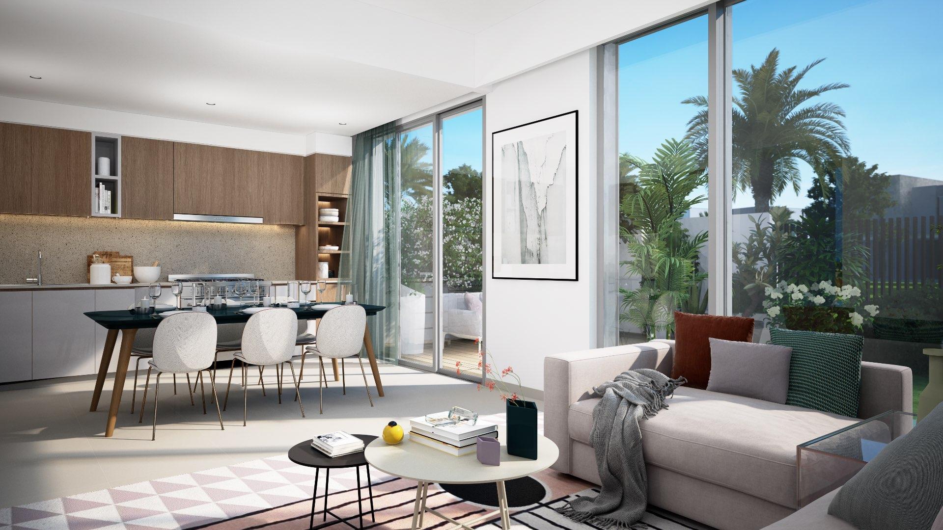 Modern three-bedroom townhouse exterior in Arabian Ranches 3, Joy community, available for sale