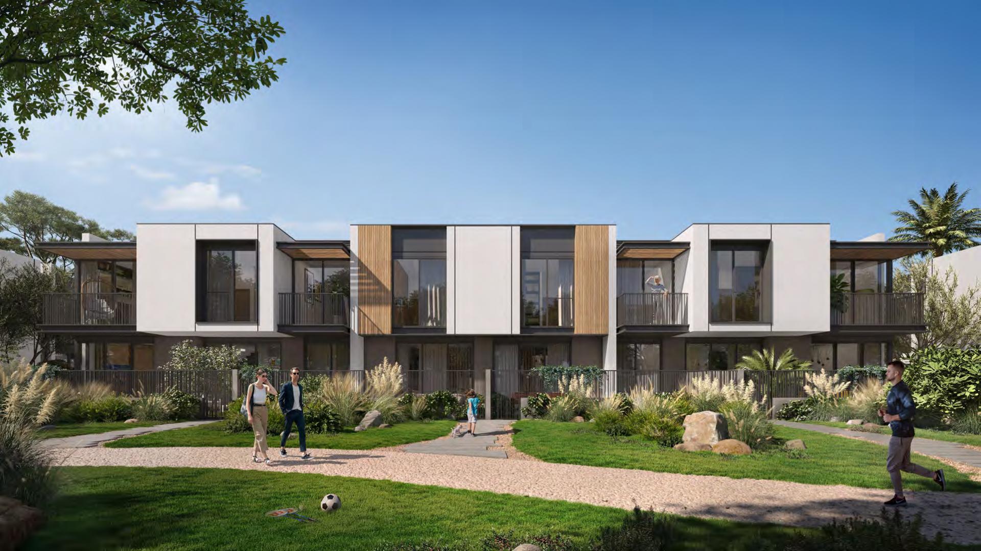 Modern living room with large windows in 3-bedroom townhouse, Athlon, Dubai Land