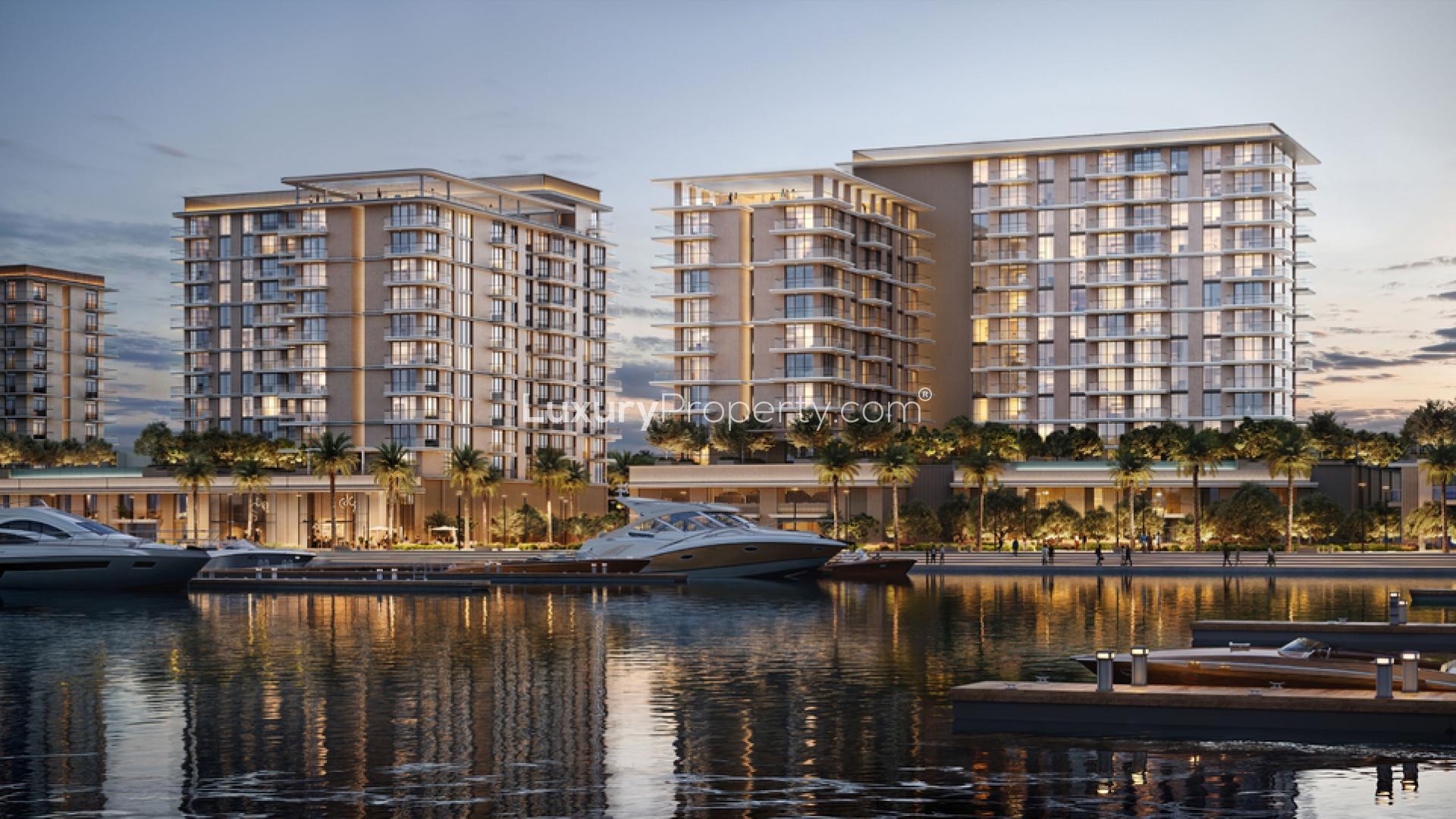 Waterfront view from Marina Place 1 townhouse, Rashid Yachts and Marina, at sunset