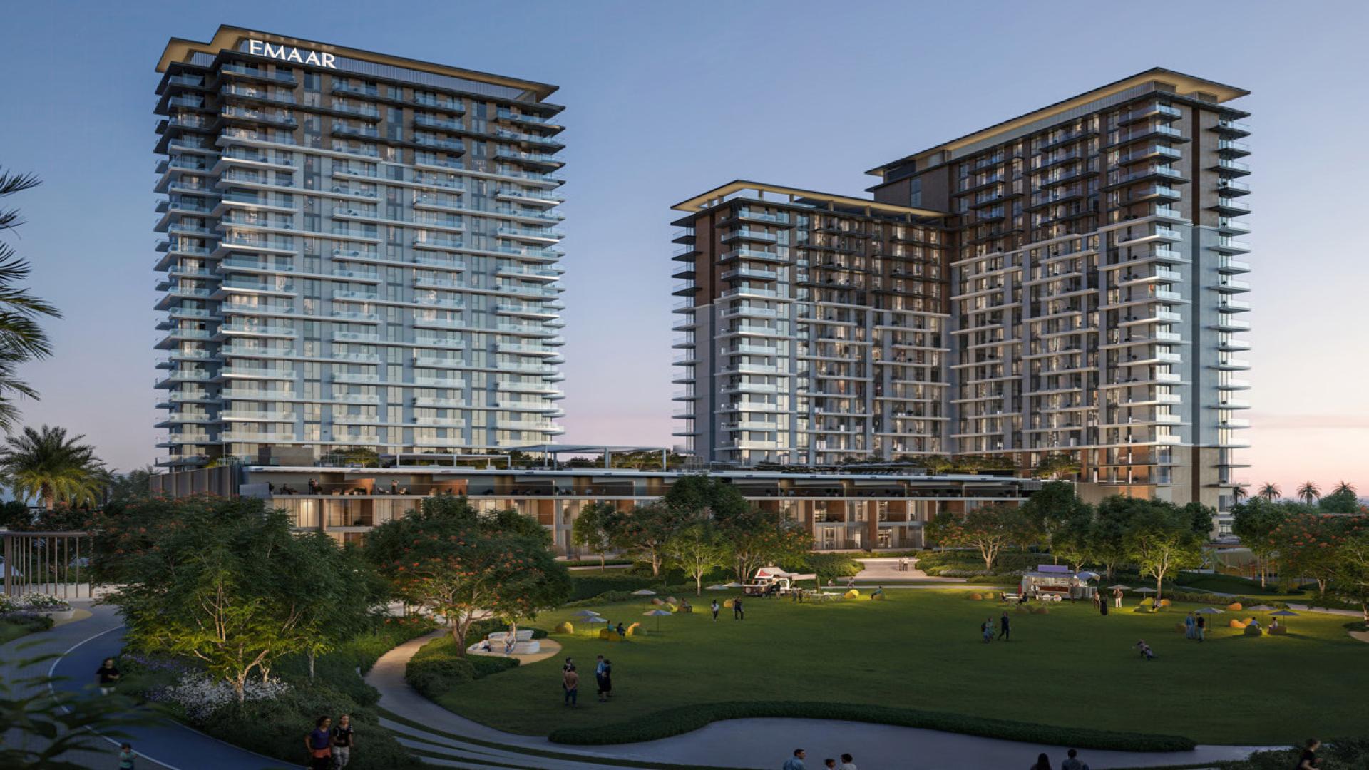 Luxurious outdoor dining area in Parkwood, Dubai Hills Estate townhouse community at dusk