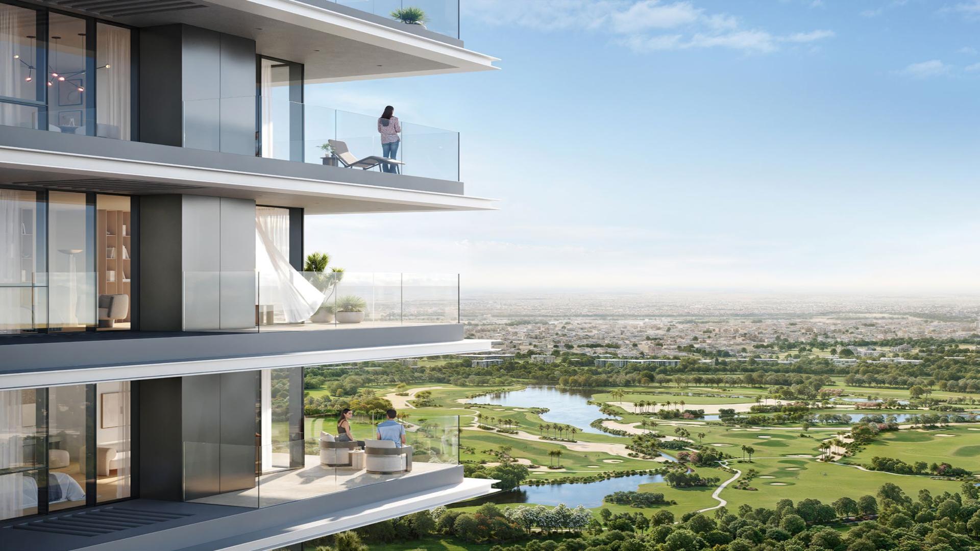 Spacious living room in Albero apartment, Dubai Creek Harbour, featuring modern decor and city view