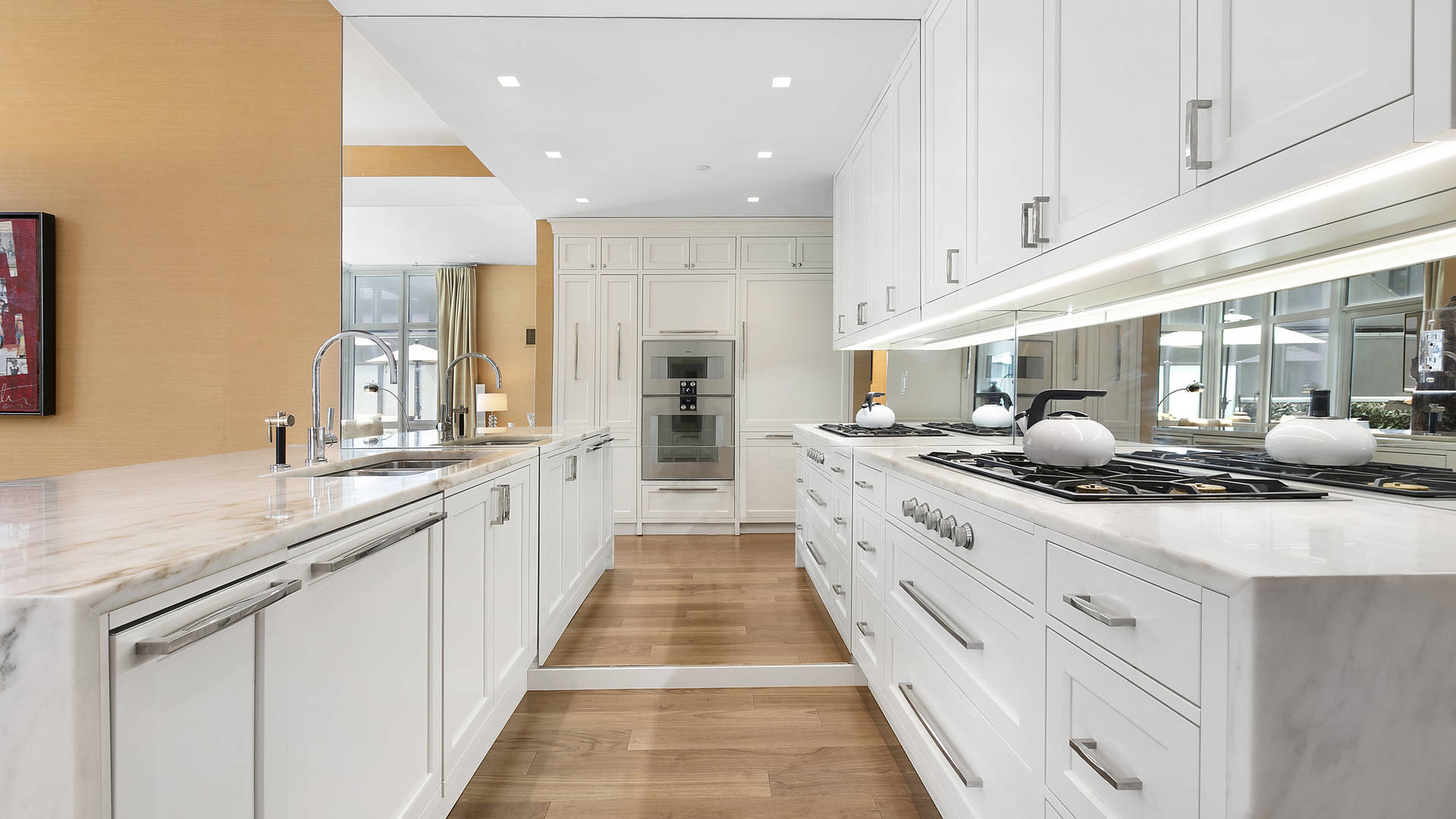 Luxurious interior of Manhattan townhouse duplex with modern staircase and elegant decor