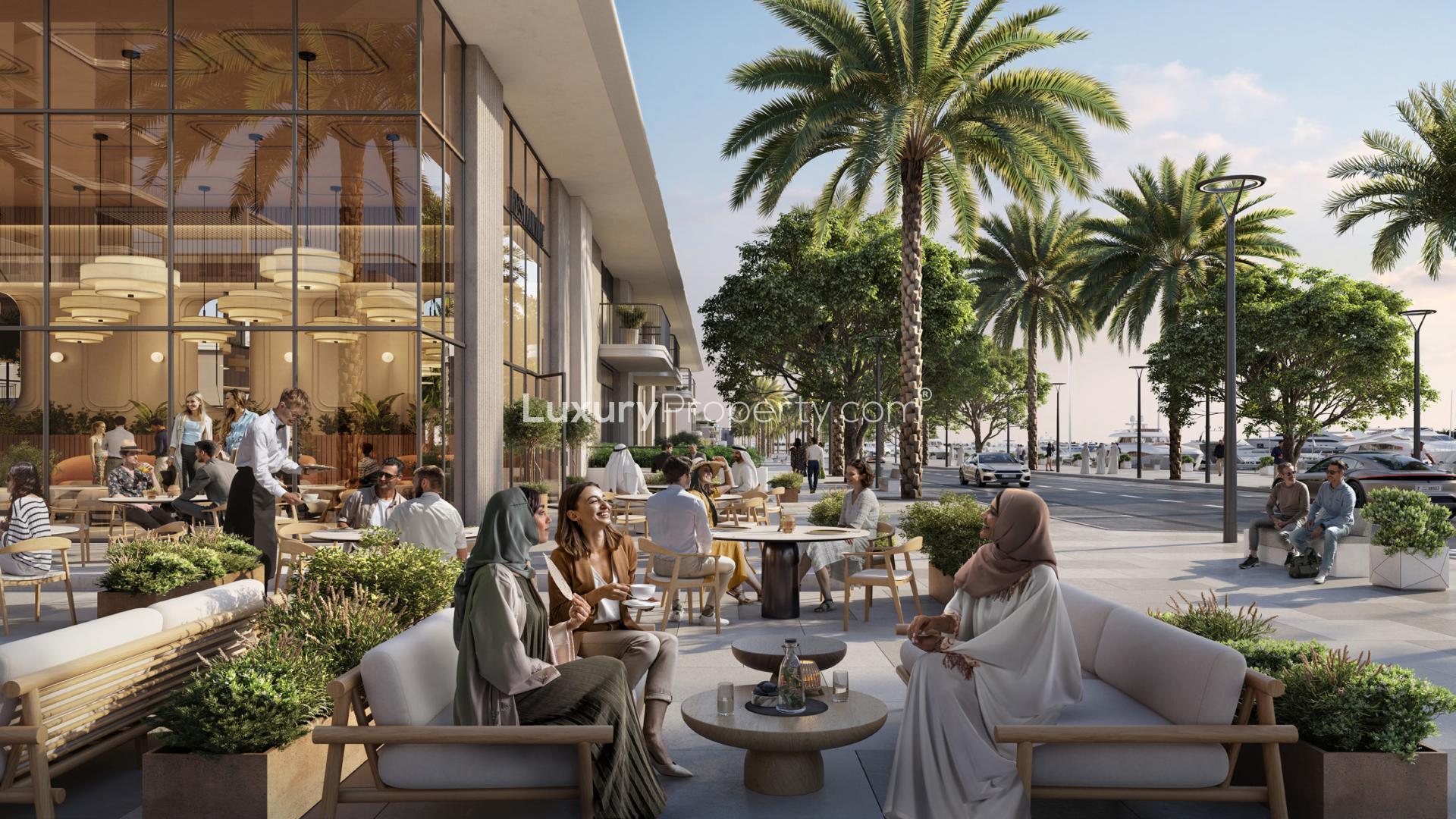 Waterfront view from Emaar townhouse balcony at Porto View, Rashid Yachts & Marina