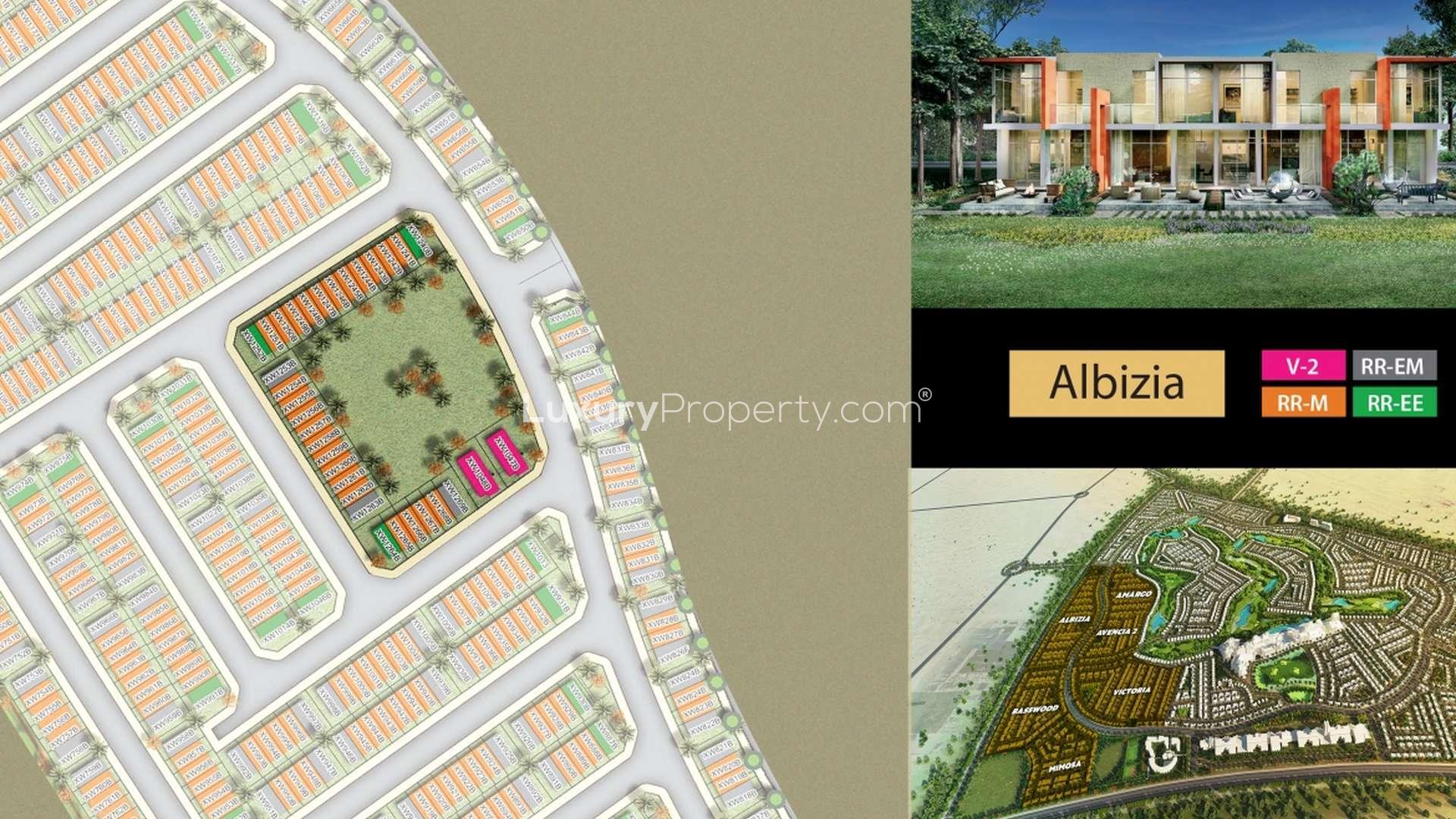 Master plan of Damac Hills 2 highlighting Albizia sub-community and surrounding amenities