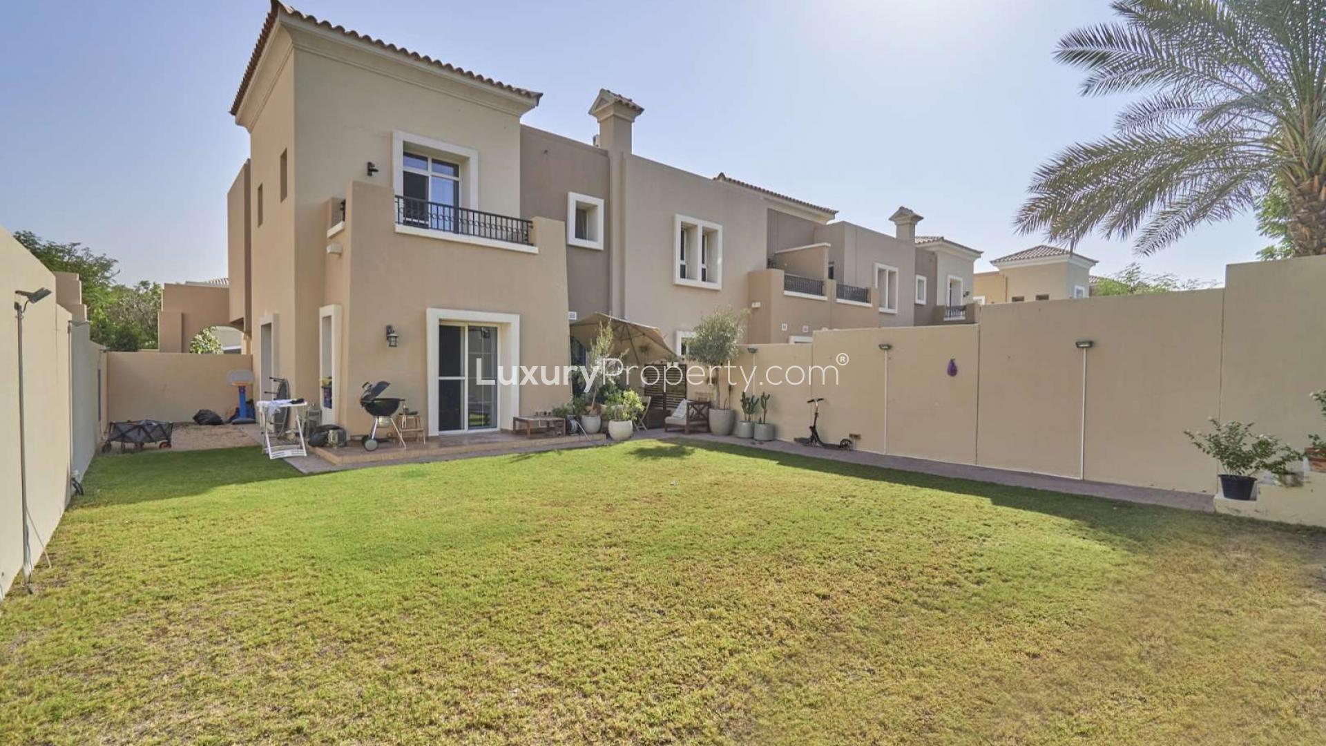 Exterior view of three-bedroom townhouse for sale in Alma, Arabian Ranches