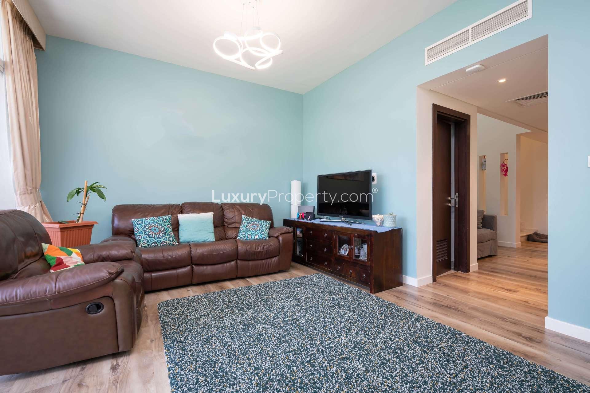 Floor plan of 3-bedroom townhouse in Arabella, Mudon, featuring spacious layout and amenities