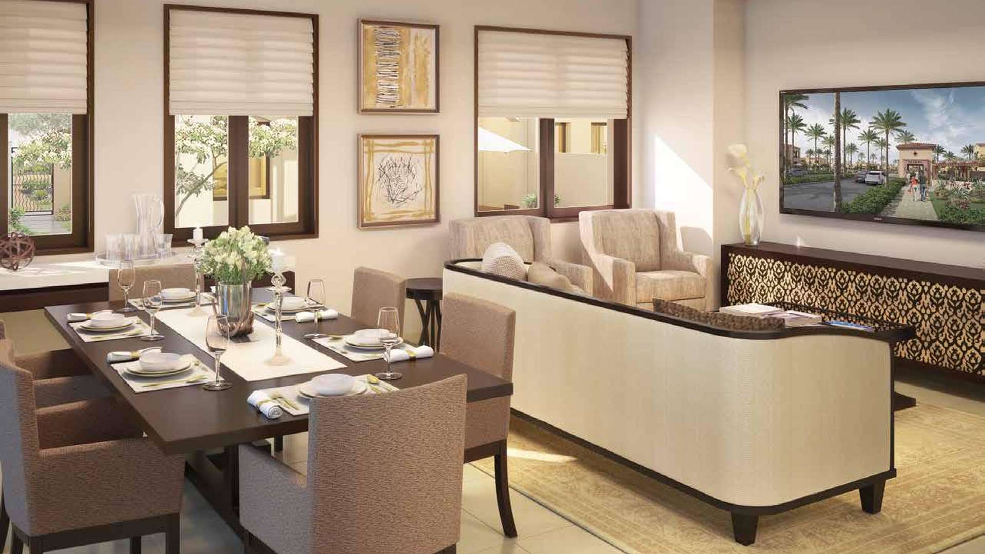 Charming Spanish style townhouse exterior with palm trees, Bella Casa, Serena, Dubailand